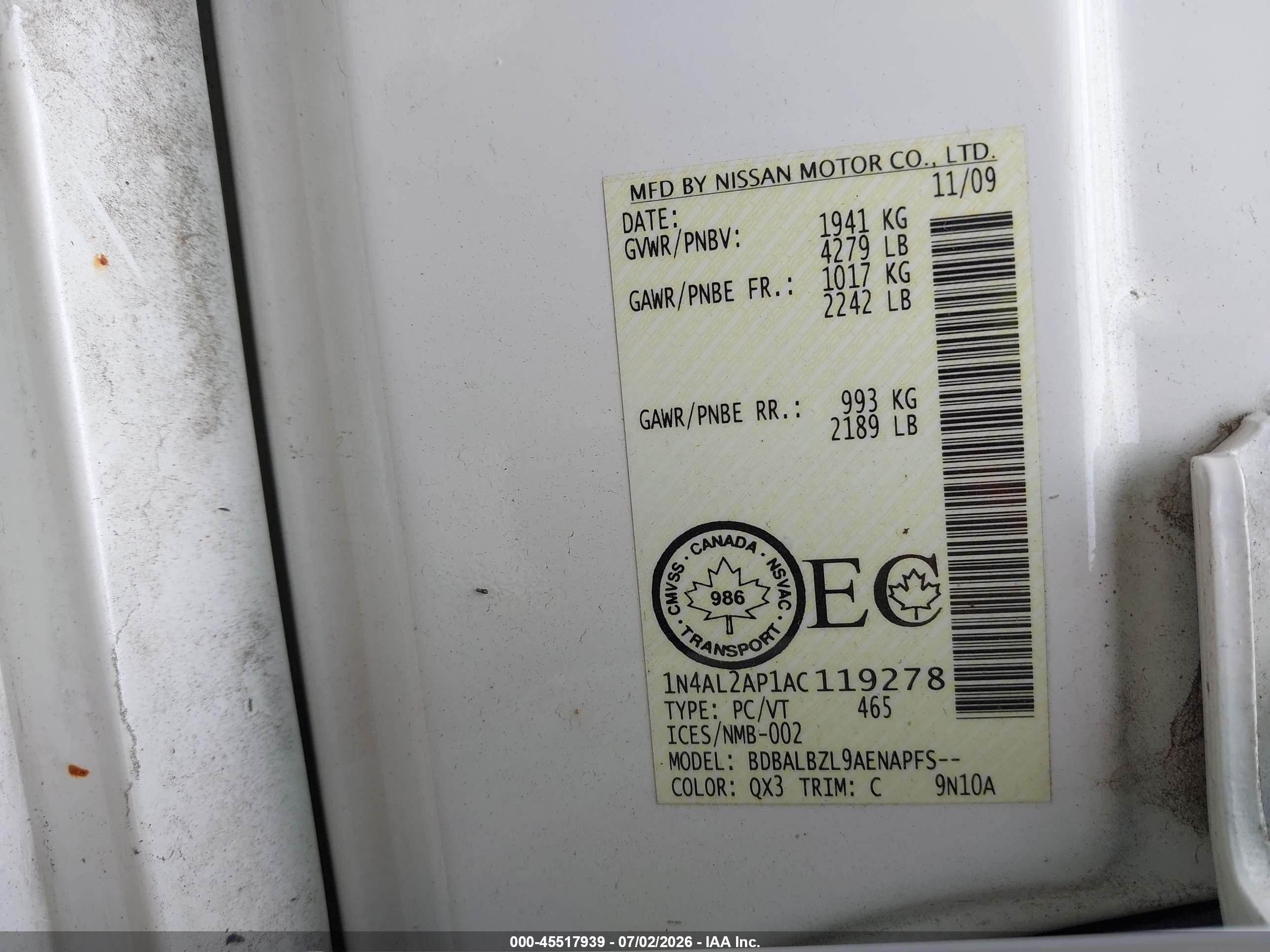 2010 Nissan Altima 2.5 S White vin: 1N4AL2AP1AC119278