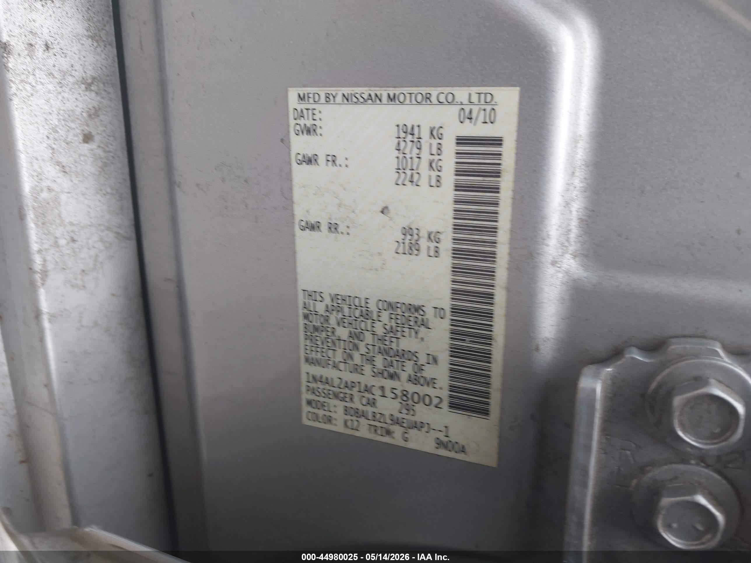 2010 Nissan Altima 2.5 S Silver vin: 1N4AL2AP1AC158002