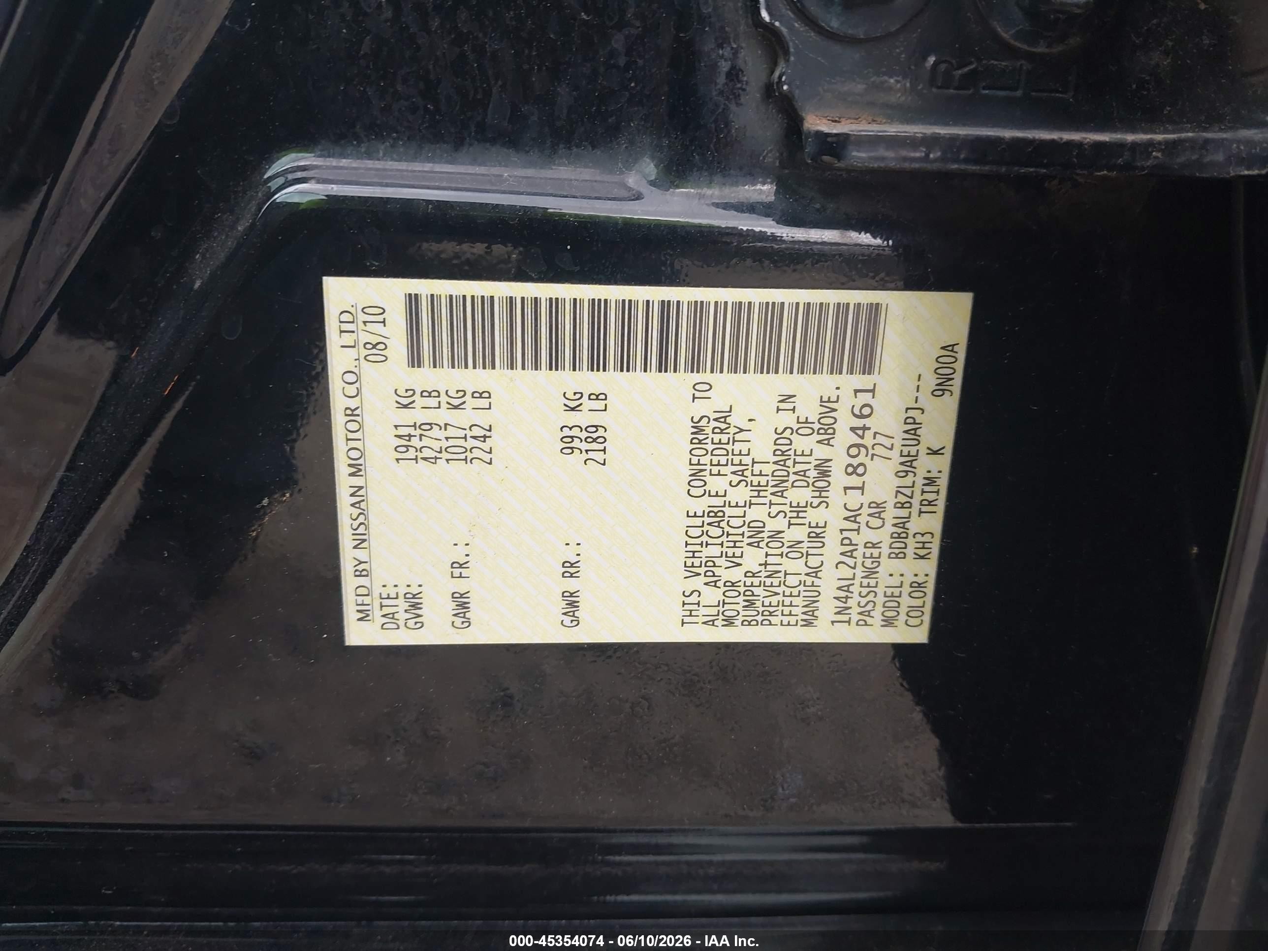 2010 Nissan Altima 2.5 S Black vin: 1N4AL2AP1AC189461