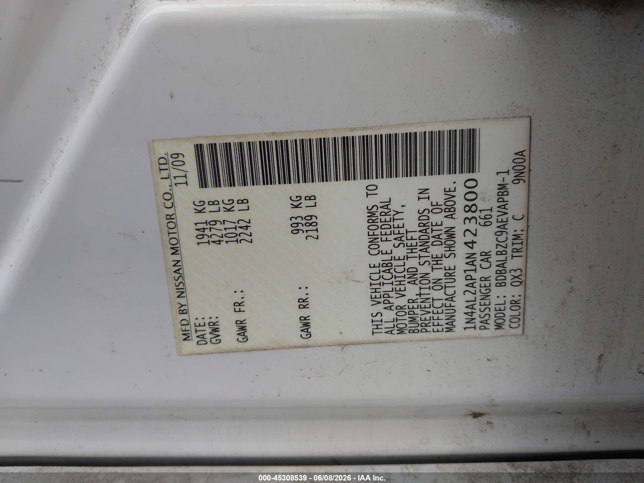 2010 Nissan Altima 2.5 S White vin: 1N4AL2AP1AN423800