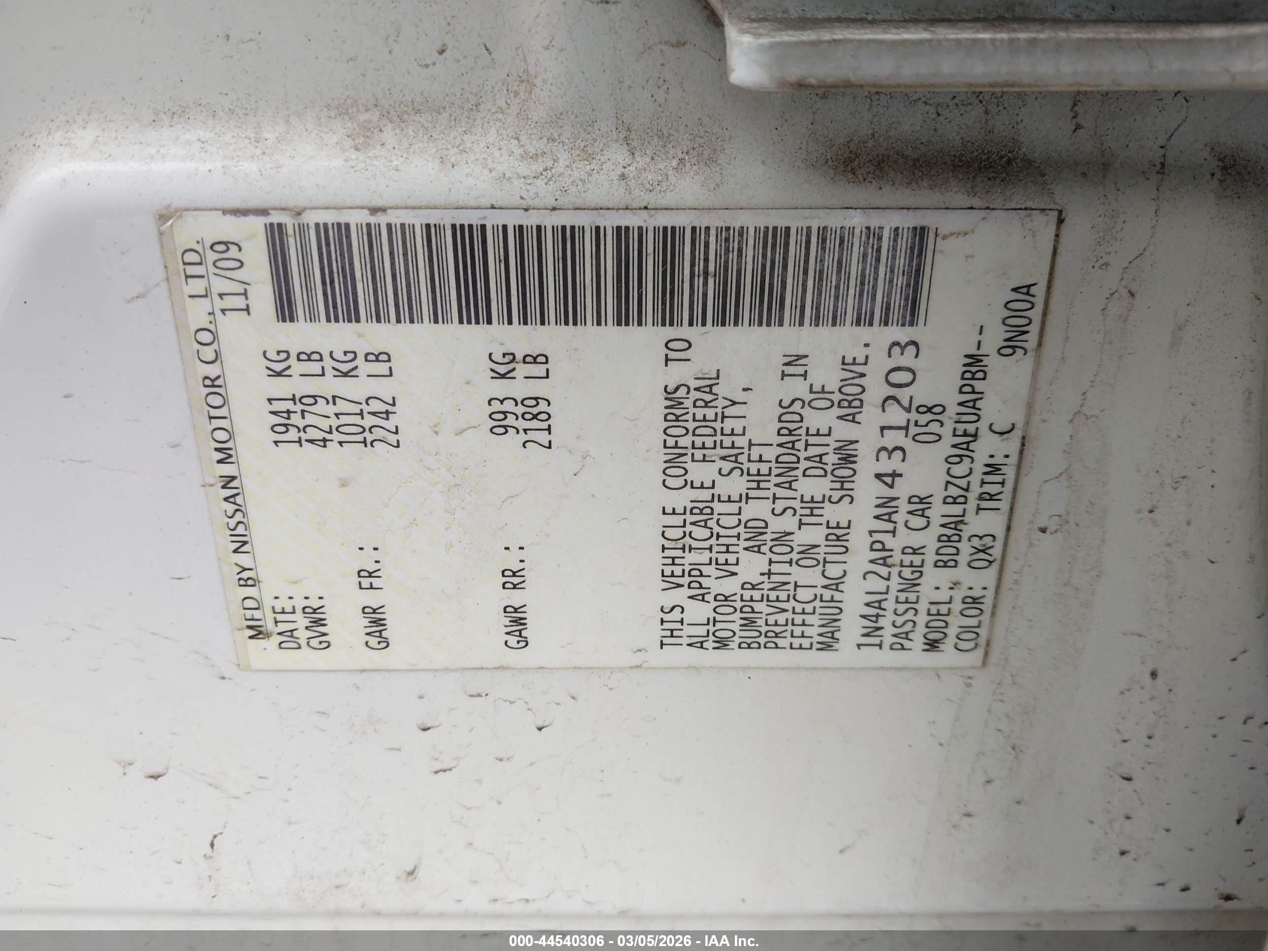 2010 Nissan Altima 2.5 S Белый vin: 1N4AL2AP1AN431203
