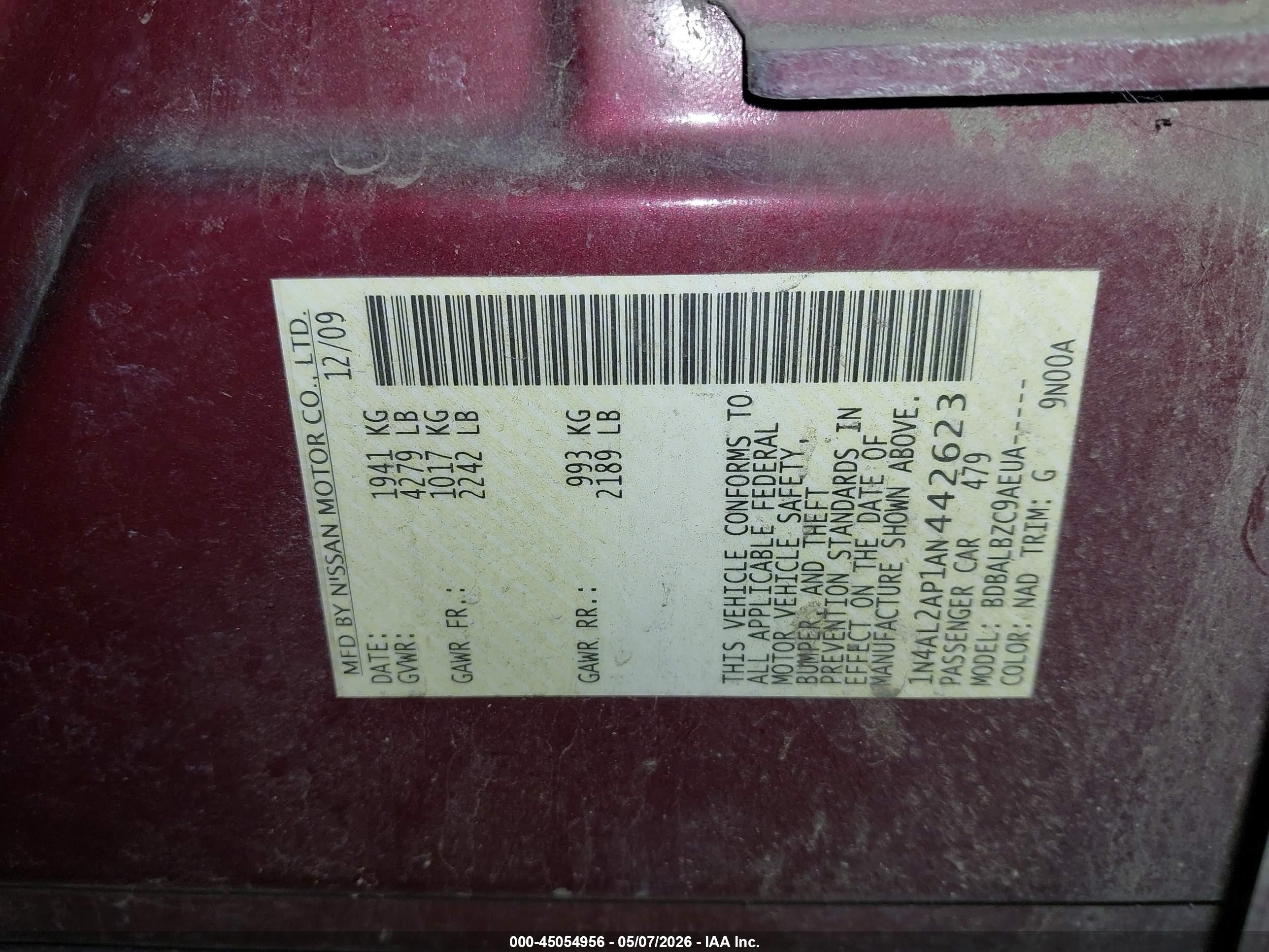 2010 Nissan Altima 2.5 S Red vin: 1N4AL2AP1AN442623