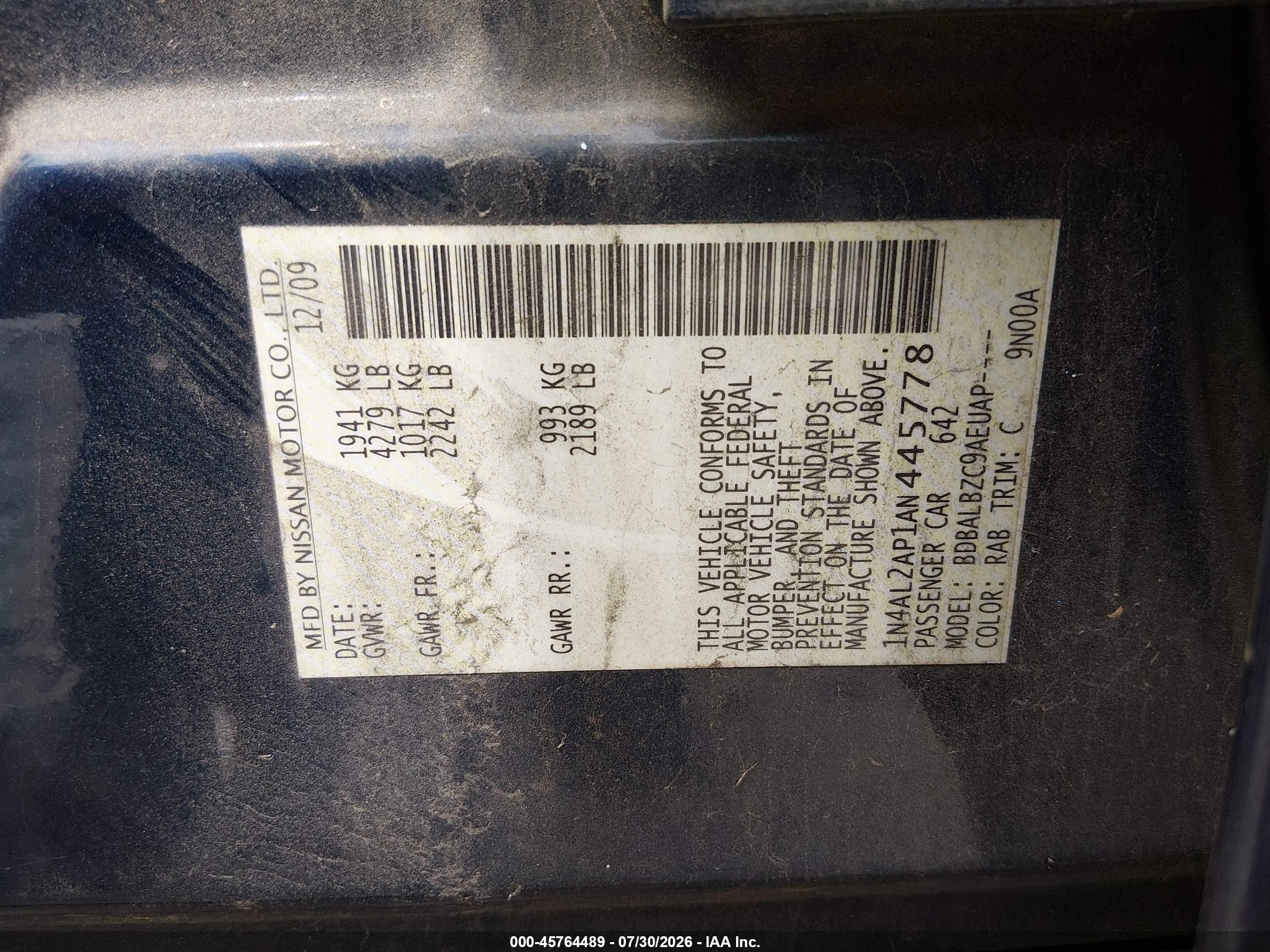 2010 Nissan Altima 2.5 S Blue vin: 1N4AL2AP1AN445778