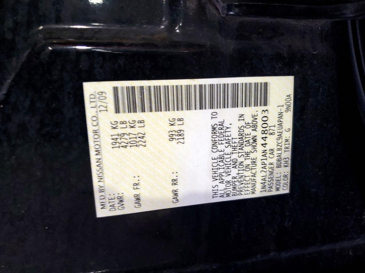 2010 Nissan Altima Base Black vin: 1N4AL2AP1AN448003