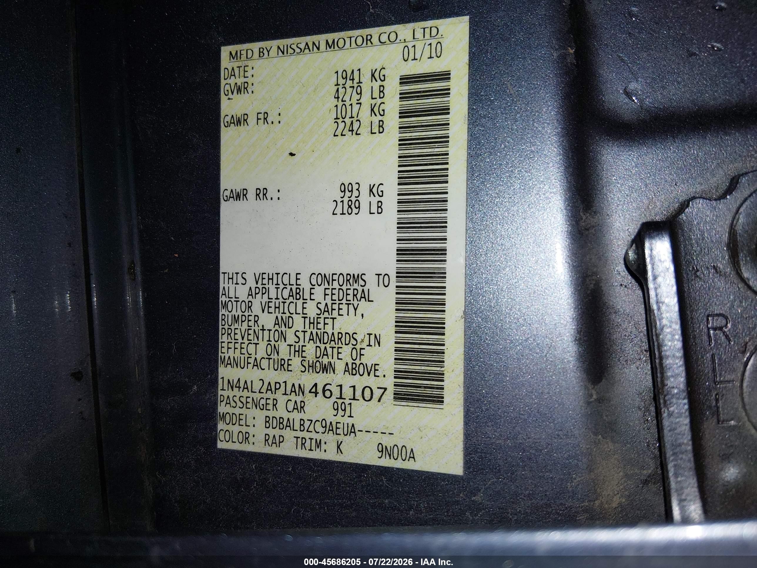 2010 Nissan Altima 2.5 S Light Blue vin: 1N4AL2AP1AN461107