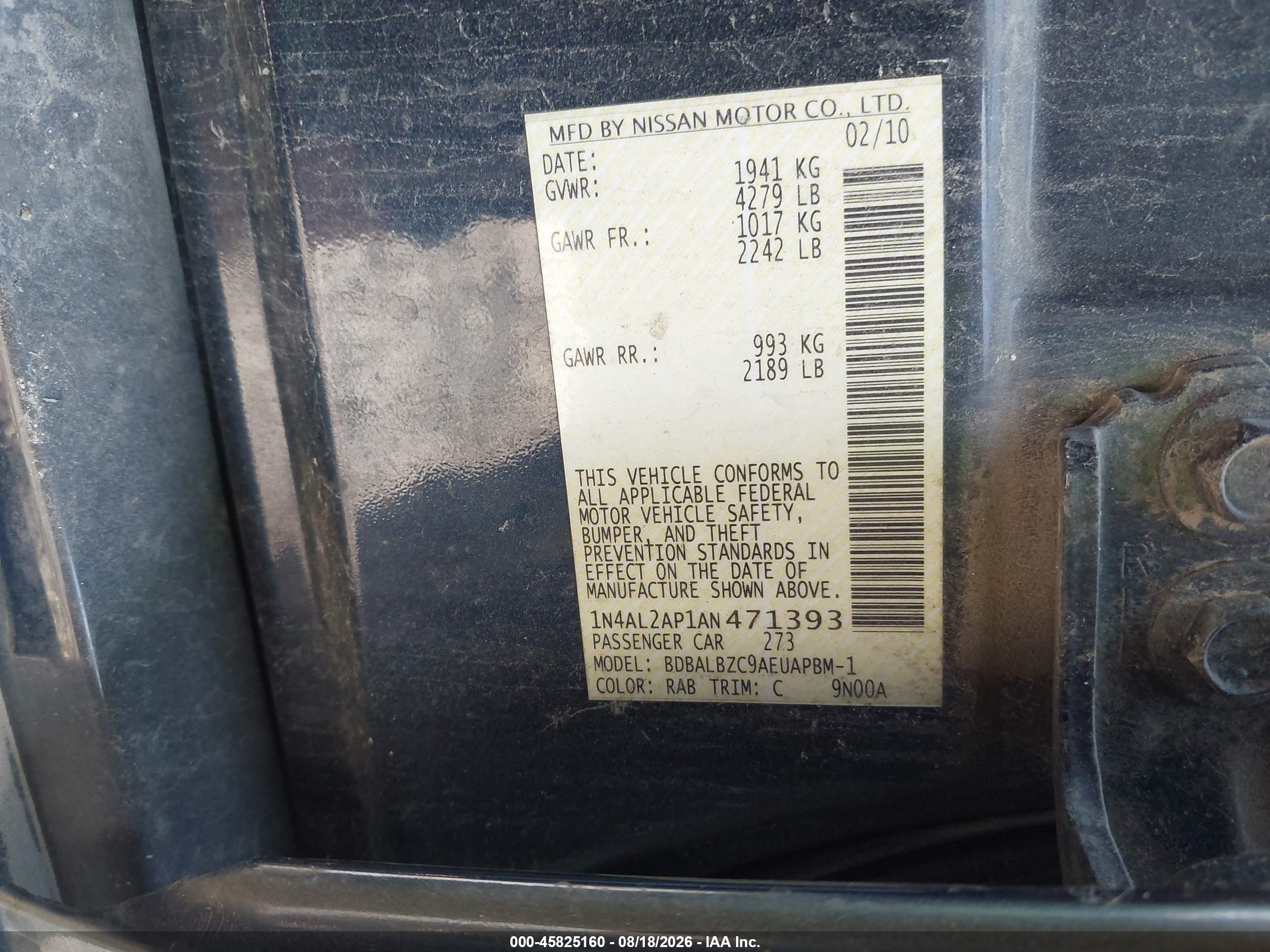 2010 Nissan Altima 2.5 S Blue vin: 1N4AL2AP1AN471393
