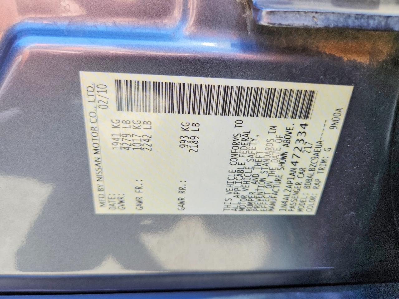 2010 Nissan Altima 2.5 Blue vin: 1N4AL2AP1AN472334