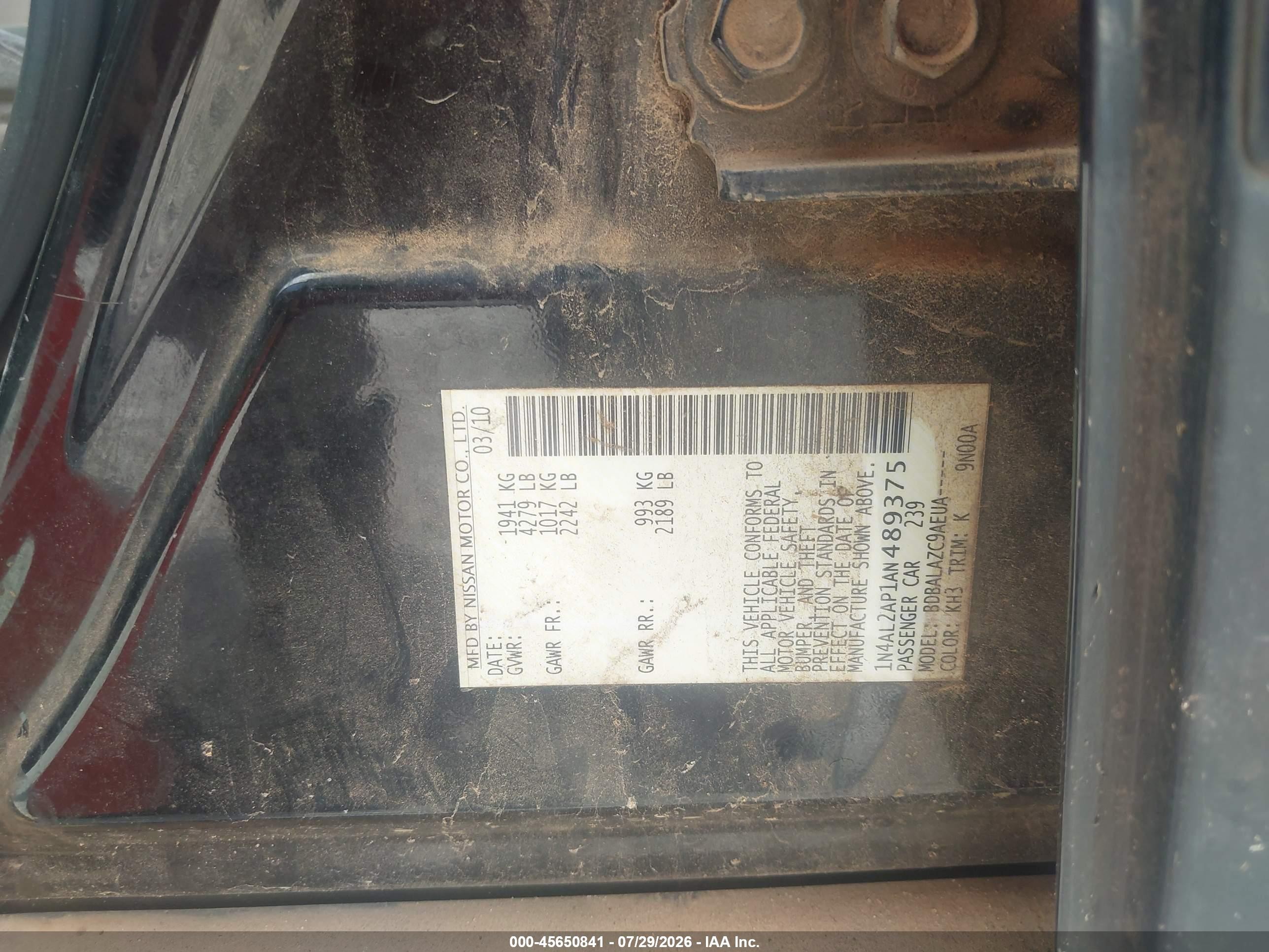 2010 Nissan Altima 2.5 Black vin: 1N4AL2AP1AN489375