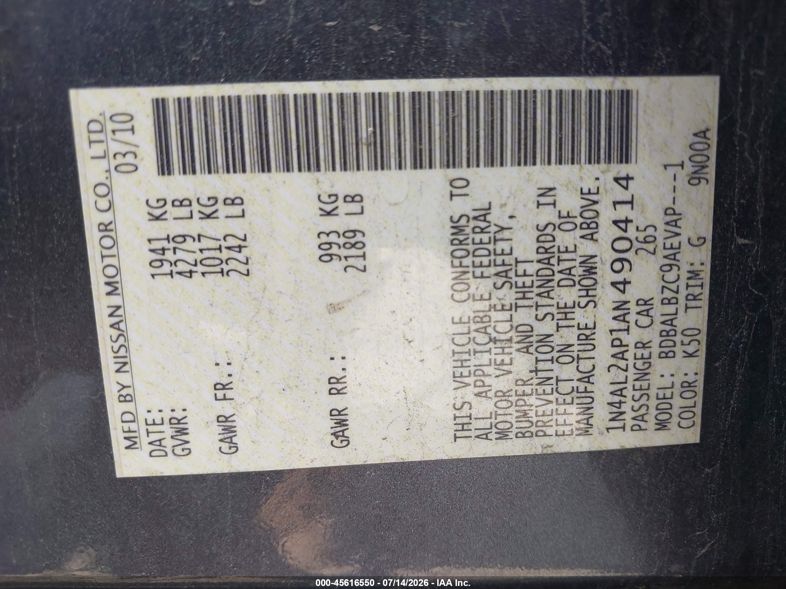 2010 Nissan Altima 2.5 S Gray vin: 1N4AL2AP1AN490414