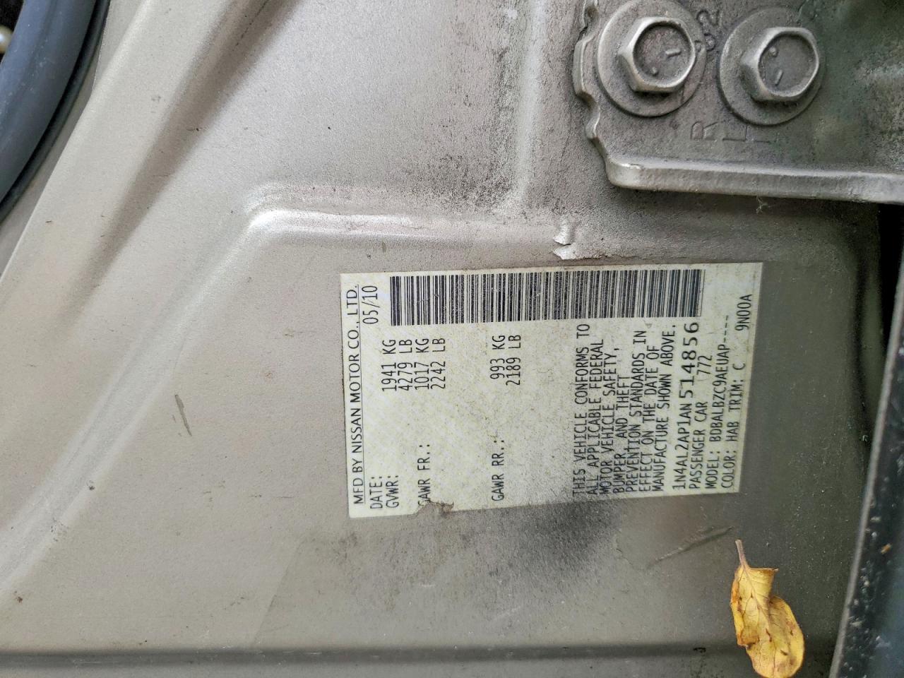 2010 Nissan Altima 2.5 Gold vin: 1N4AL2AP1AN514856