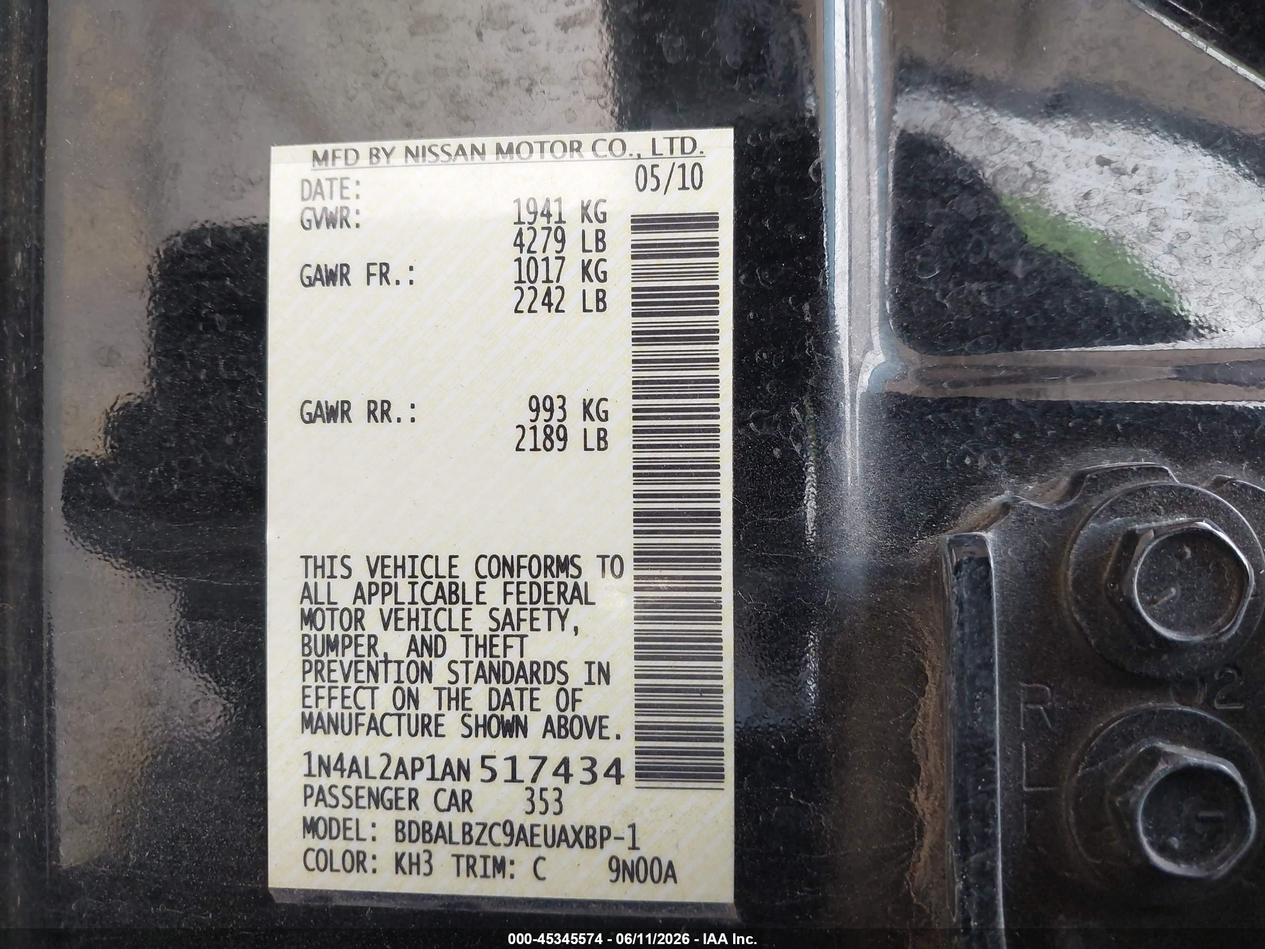 2010 Nissan Altima 2.5 S Black vin: 1N4AL2AP1AN517434
