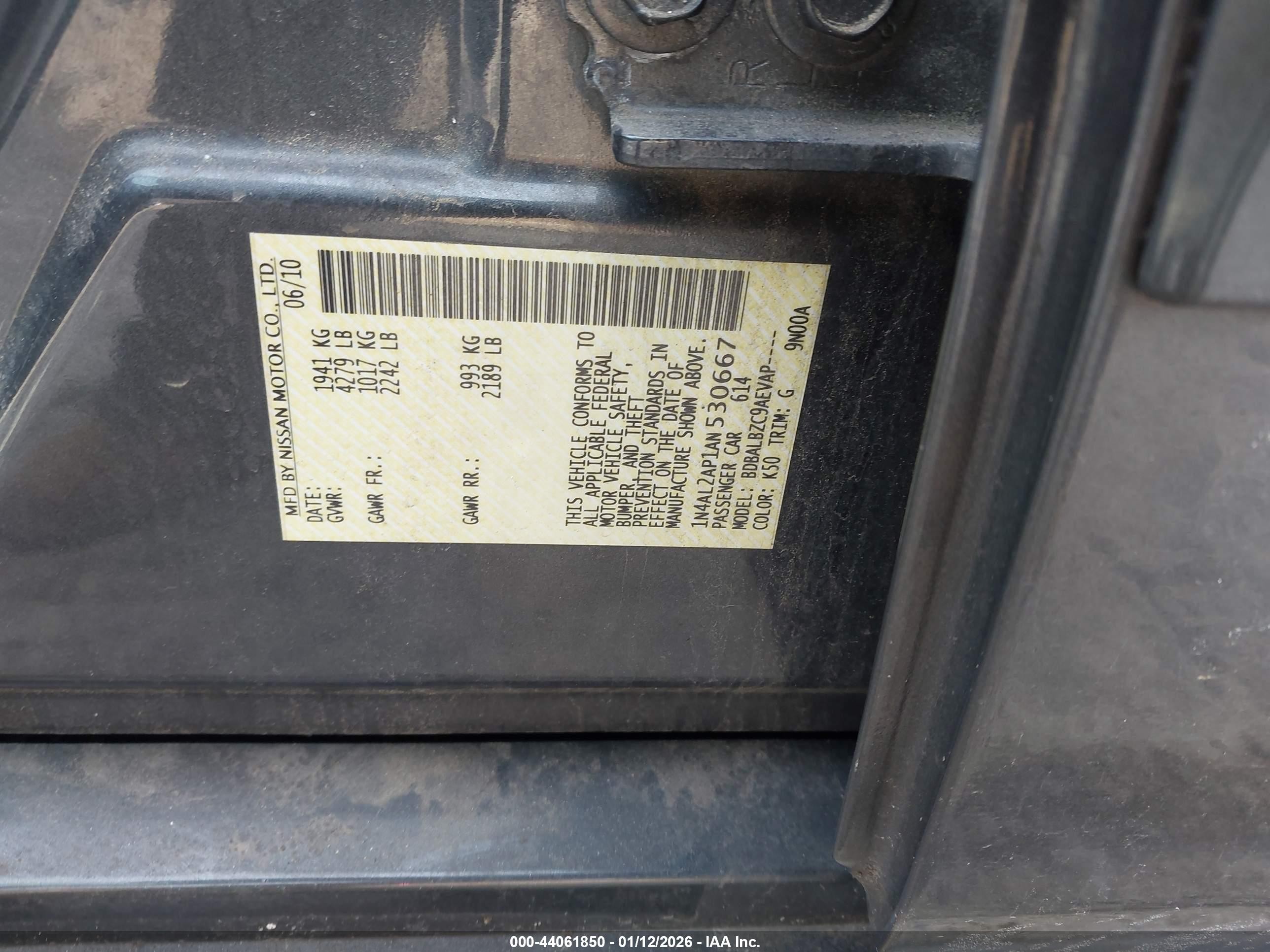 2010 Nissan Altima 2.5 S Black vin: 1N4AL2AP1AN530667