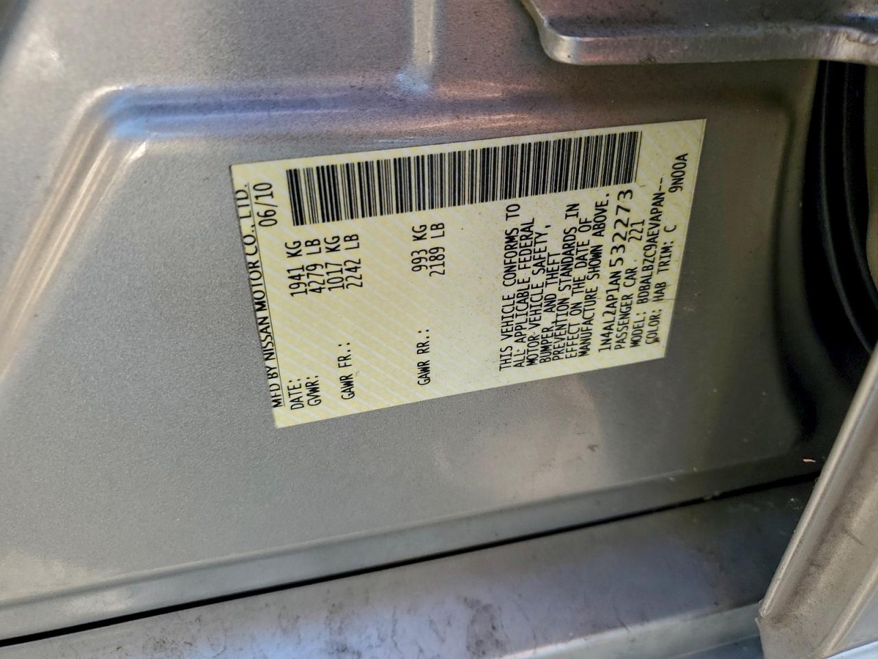 2010 Nissan Altima Base Silver vin: 1N4AL2AP1AN532273