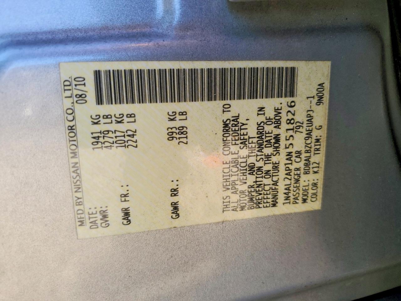 2010 Nissan Altima 2.5 Silver vin: 1N4AL2AP1AN551826