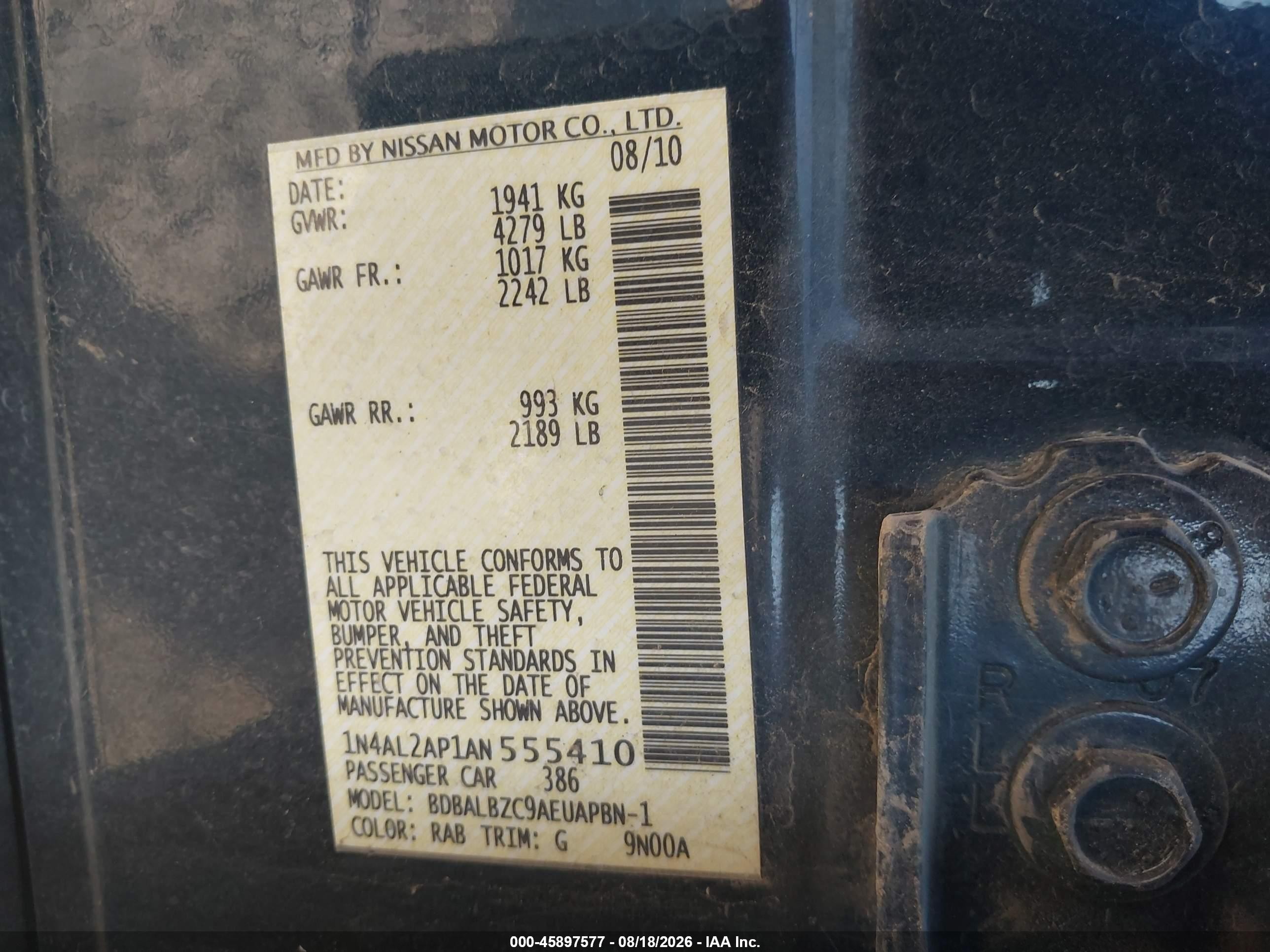 2010 Nissan Altima 2.5 S Blue vin: 1N4AL2AP1AN555410