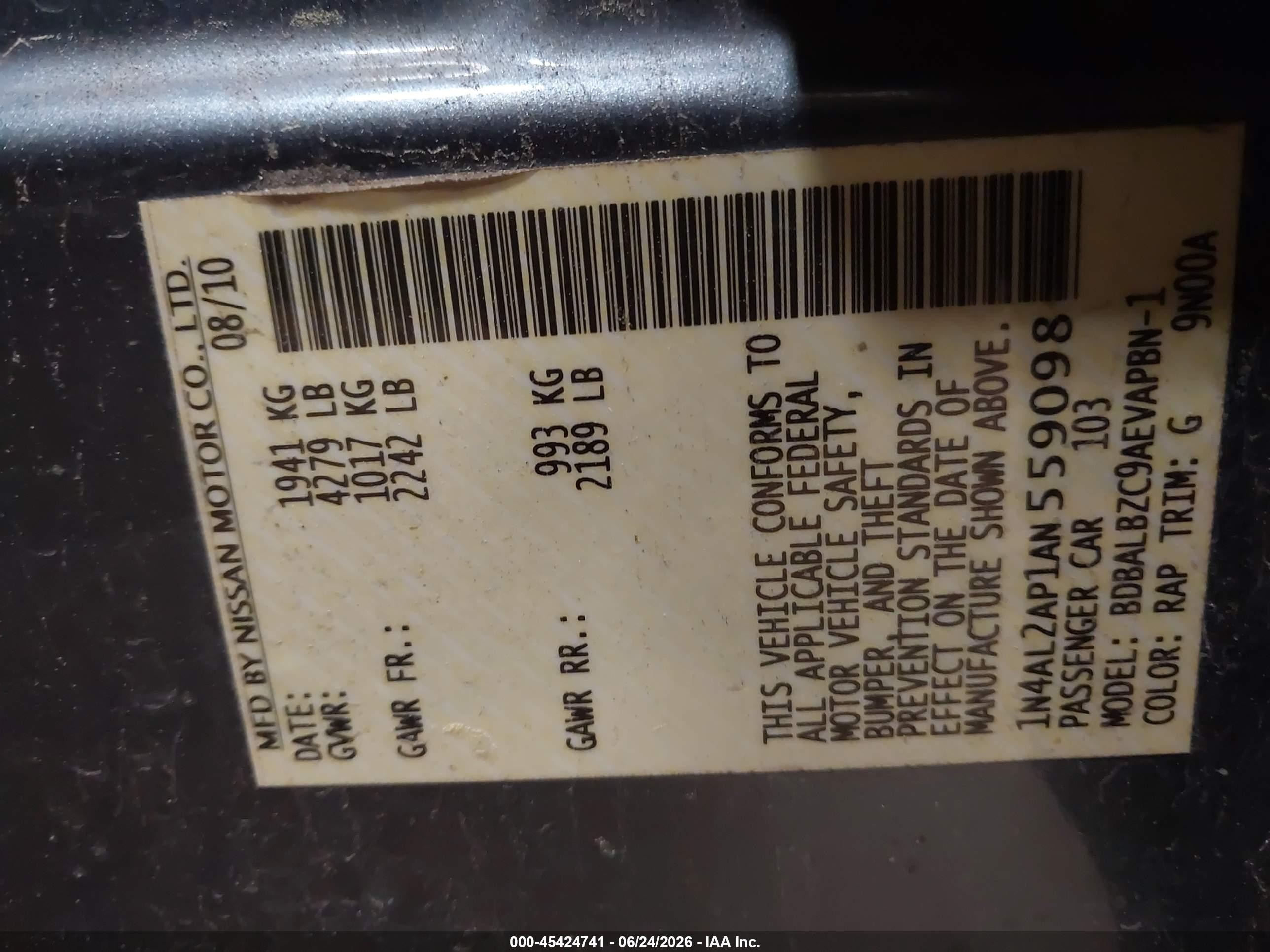 2010 Nissan Altima 2.5 S Синий vin: 1N4AL2AP1AN559098