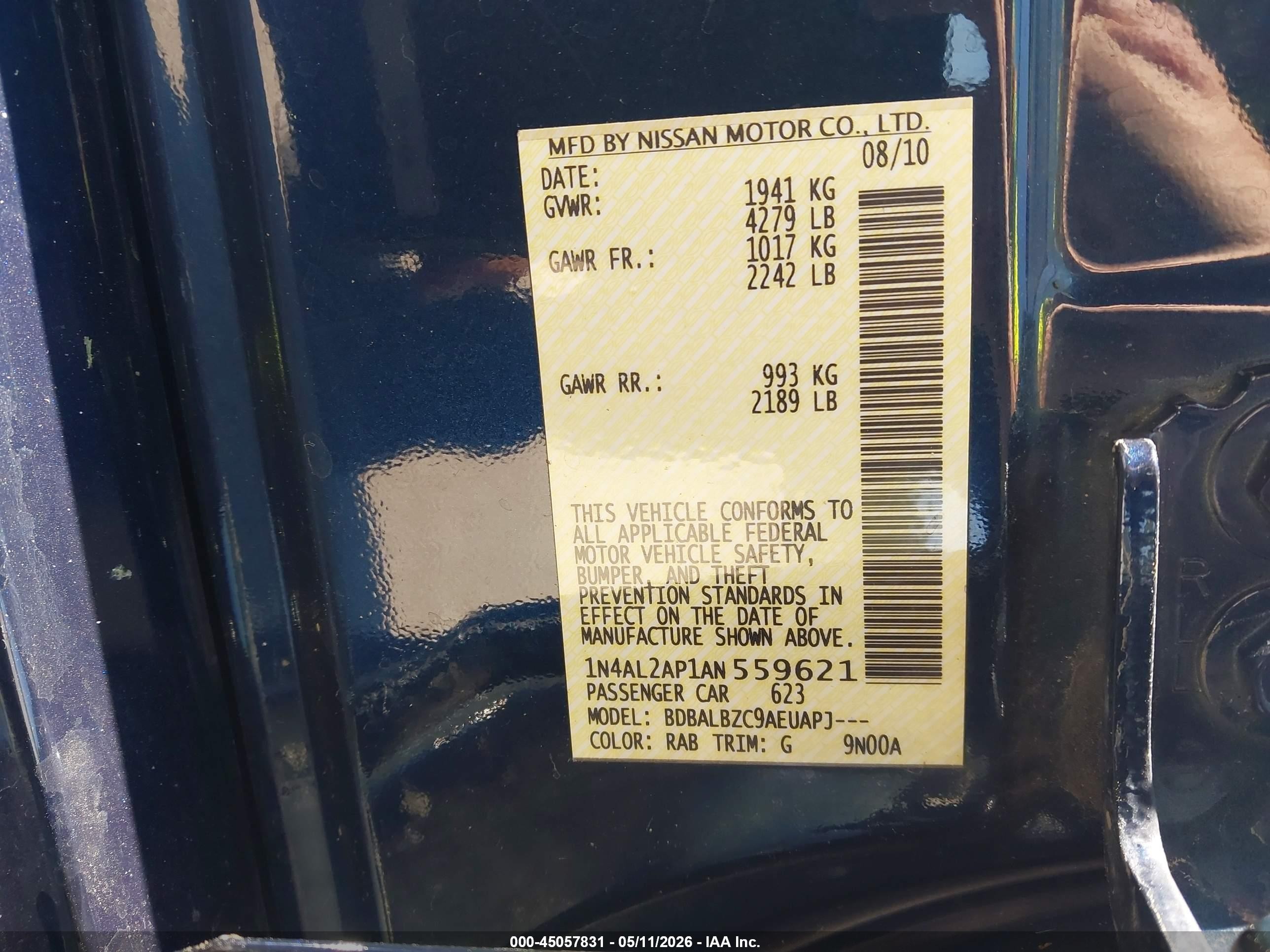2010 Nissan Altima 2.5 S Blue vin: 1N4AL2AP1AN559621
