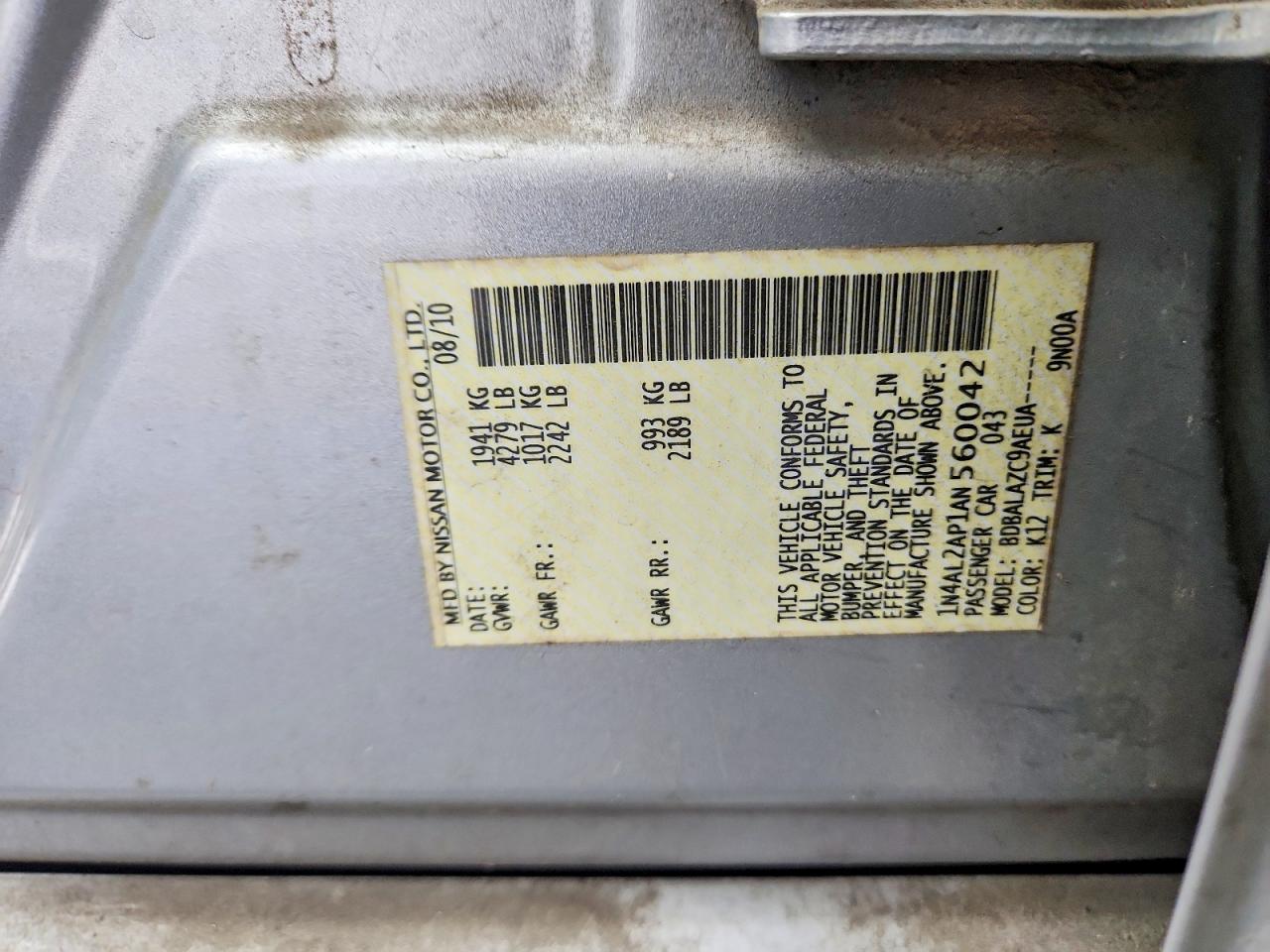 2010 Nissan Altima Серебряный vin: 1N4AL2AP1AN560042