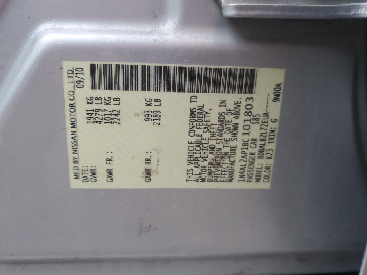 2011 Nissan Altima Base Silver vin: 1N4AL2AP1BC101803