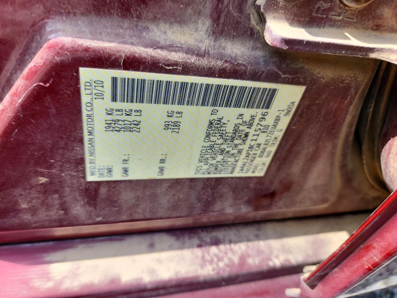 2011 Nissan Altima Base/s Burgundy vin: 1N4AL2AP1BC115796