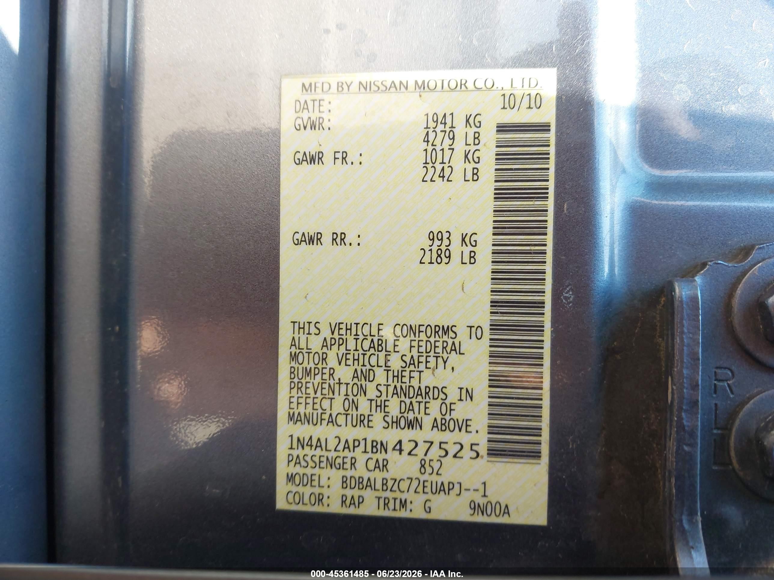 2011 Nissan Altima 2.5 S Blue vin: 1N4AL2AP1BN427525
