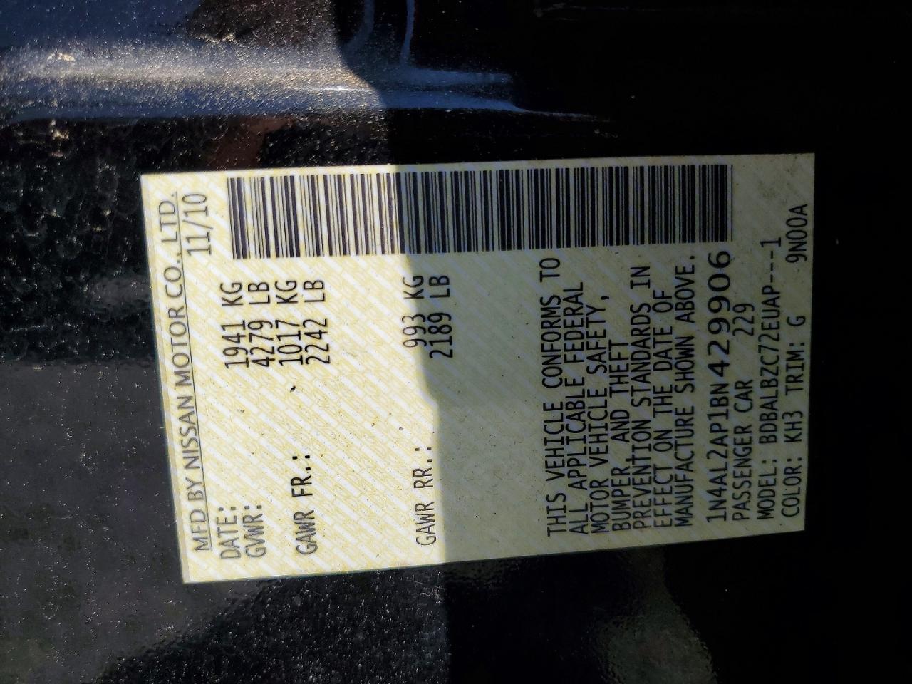 2011 Nissan Altima 2.5 Black vin: 1N4AL2AP1BN429906