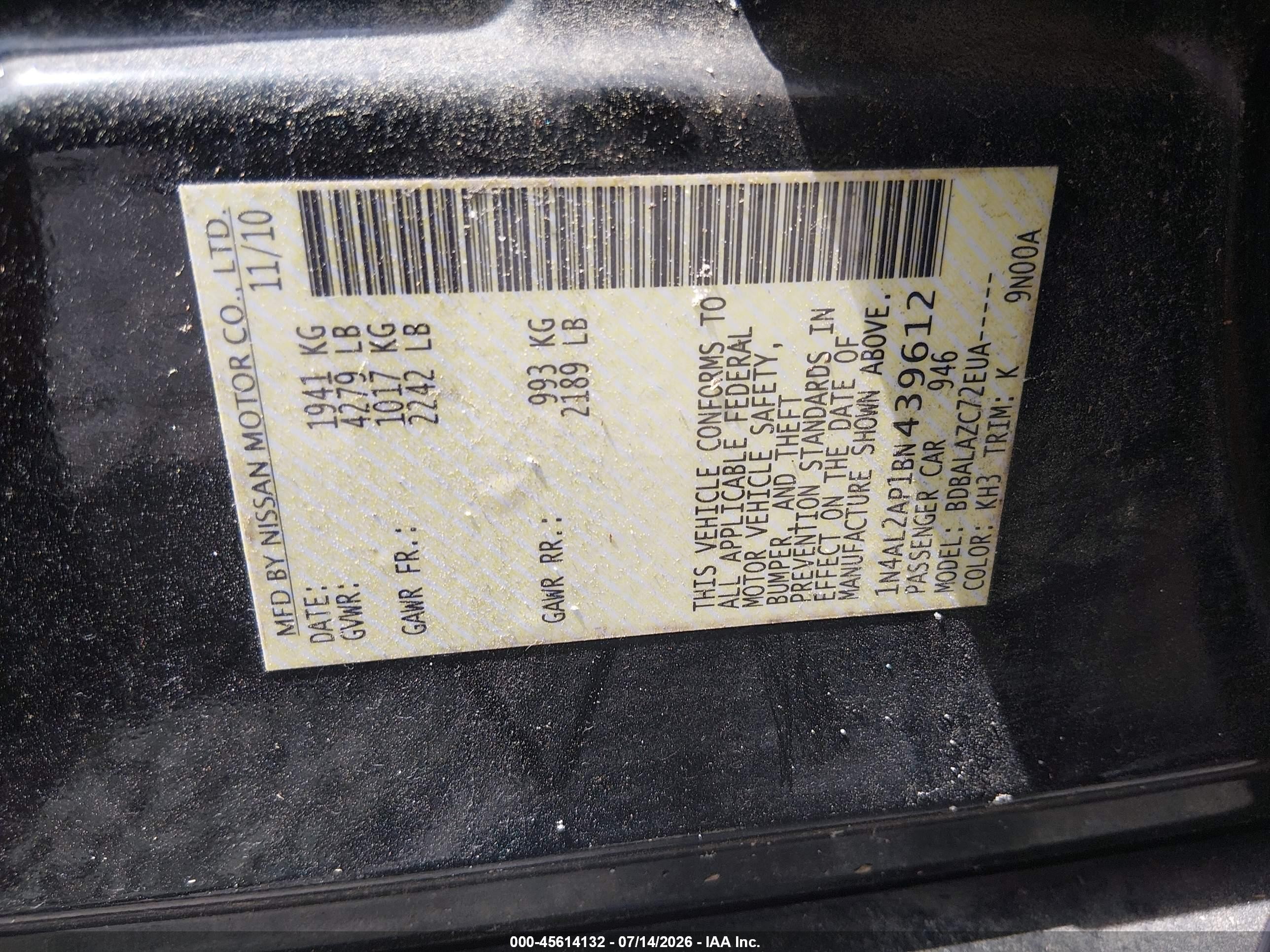 2011 Nissan Altima 2.5 Black vin: 1N4AL2AP1BN439612