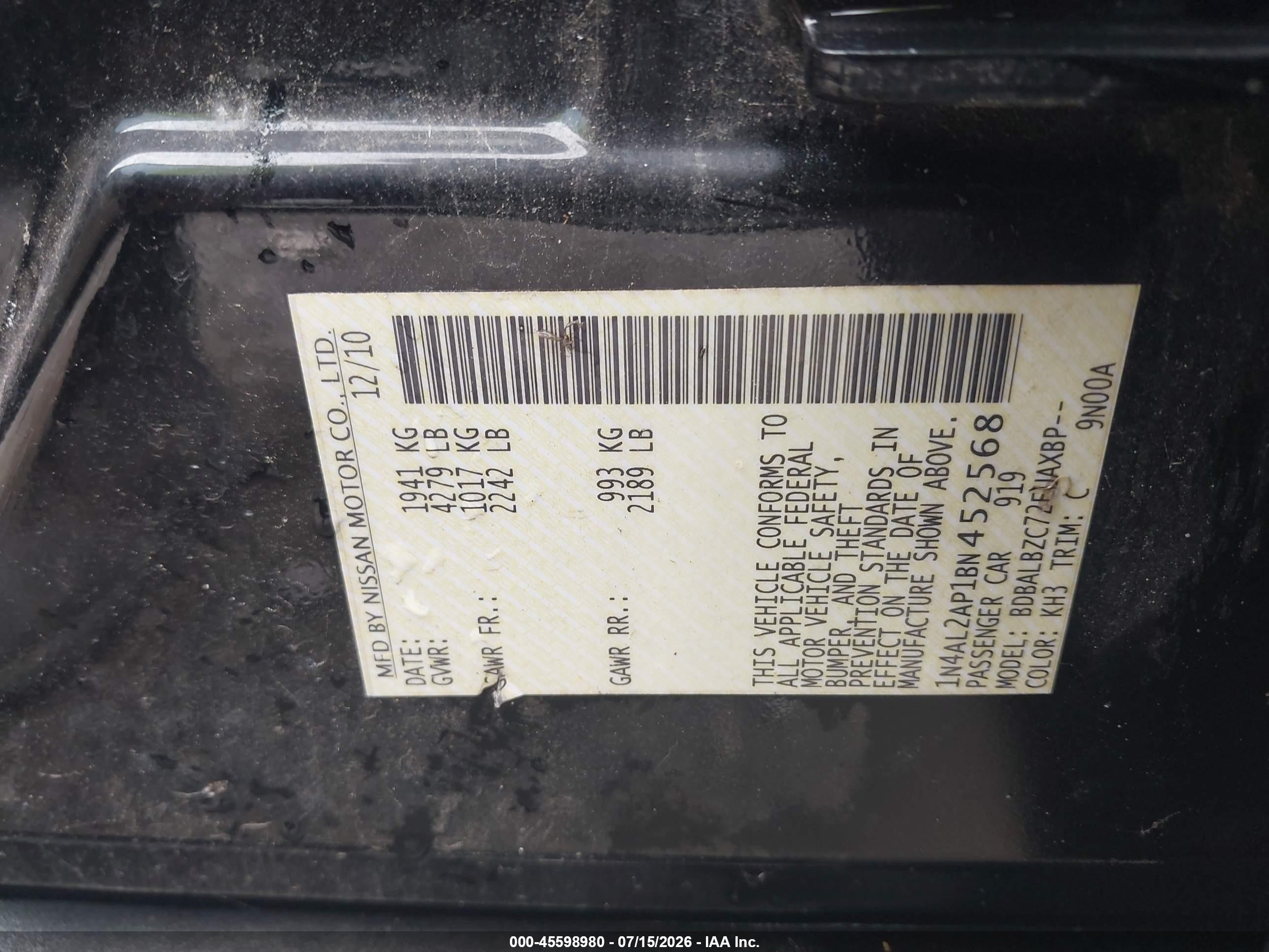 2011 Nissan Altima 2.5 S Black vin: 1N4AL2AP1BN452568