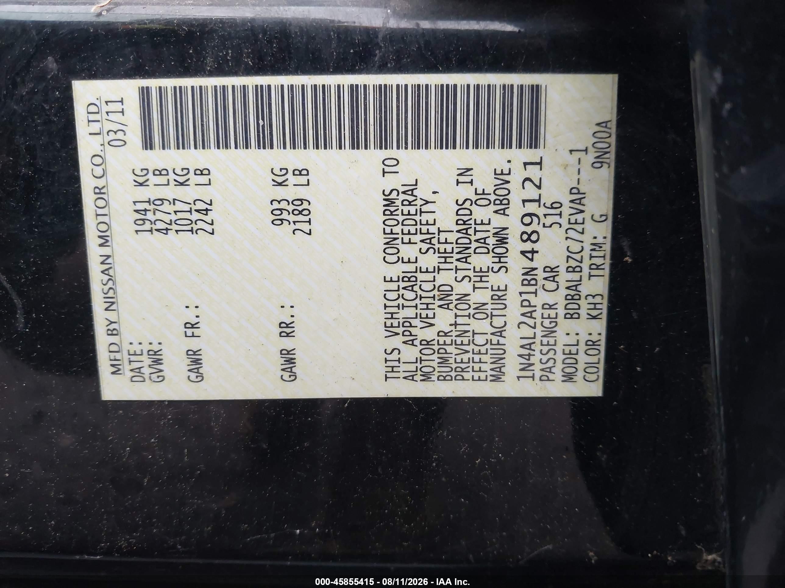 2011 Nissan Altima 2.5 S Black vin: 1N4AL2AP1BN489121