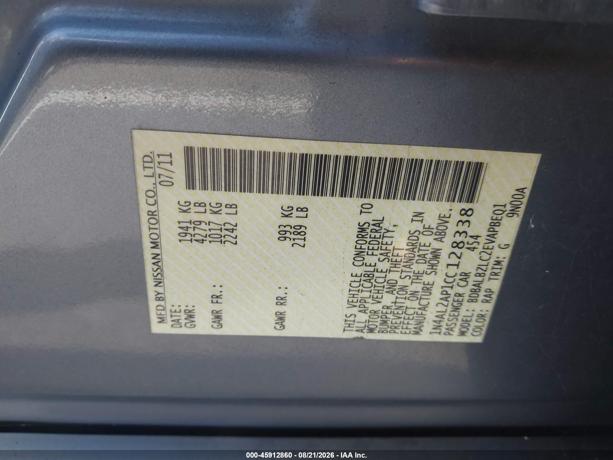 2012 Nissan Altima 2.5 S Blue vin: 1N4AL2AP1CC128338