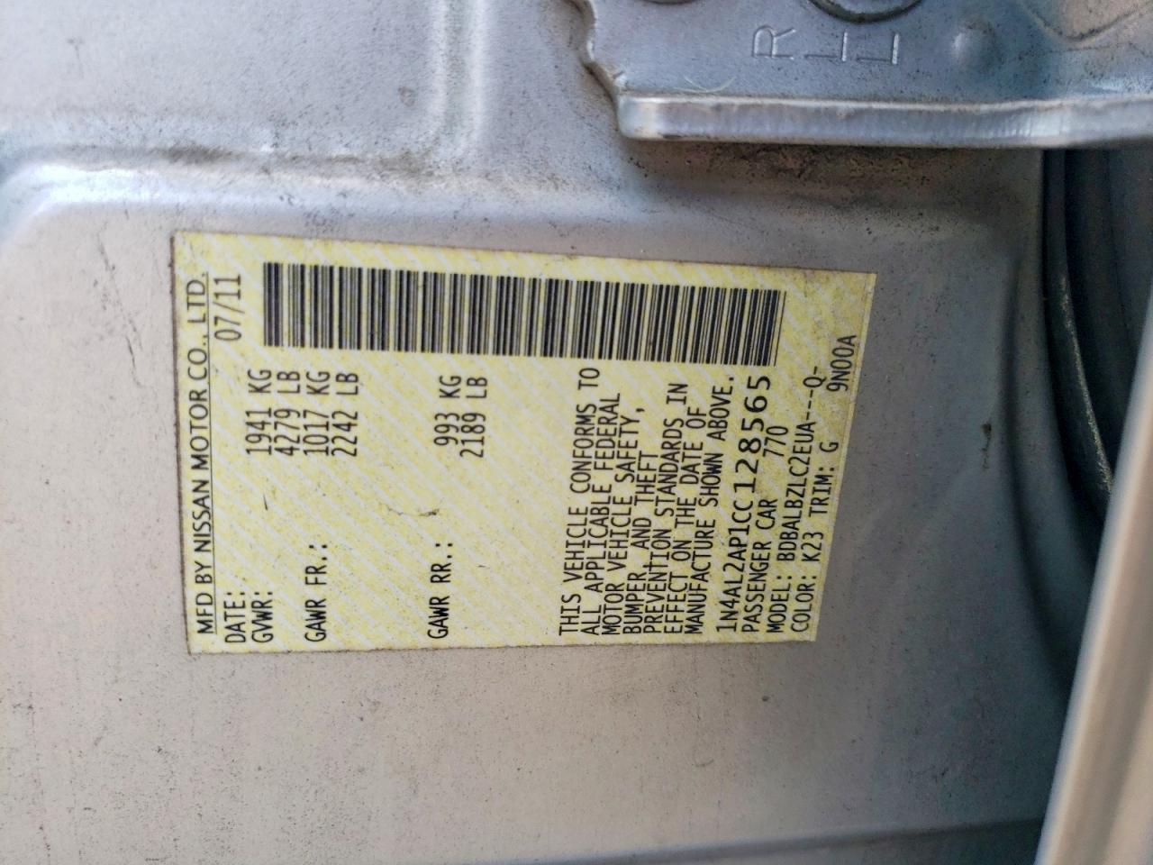 2012 Nissan Altima 2.5 Silver vin: 1N4AL2AP1CC128565