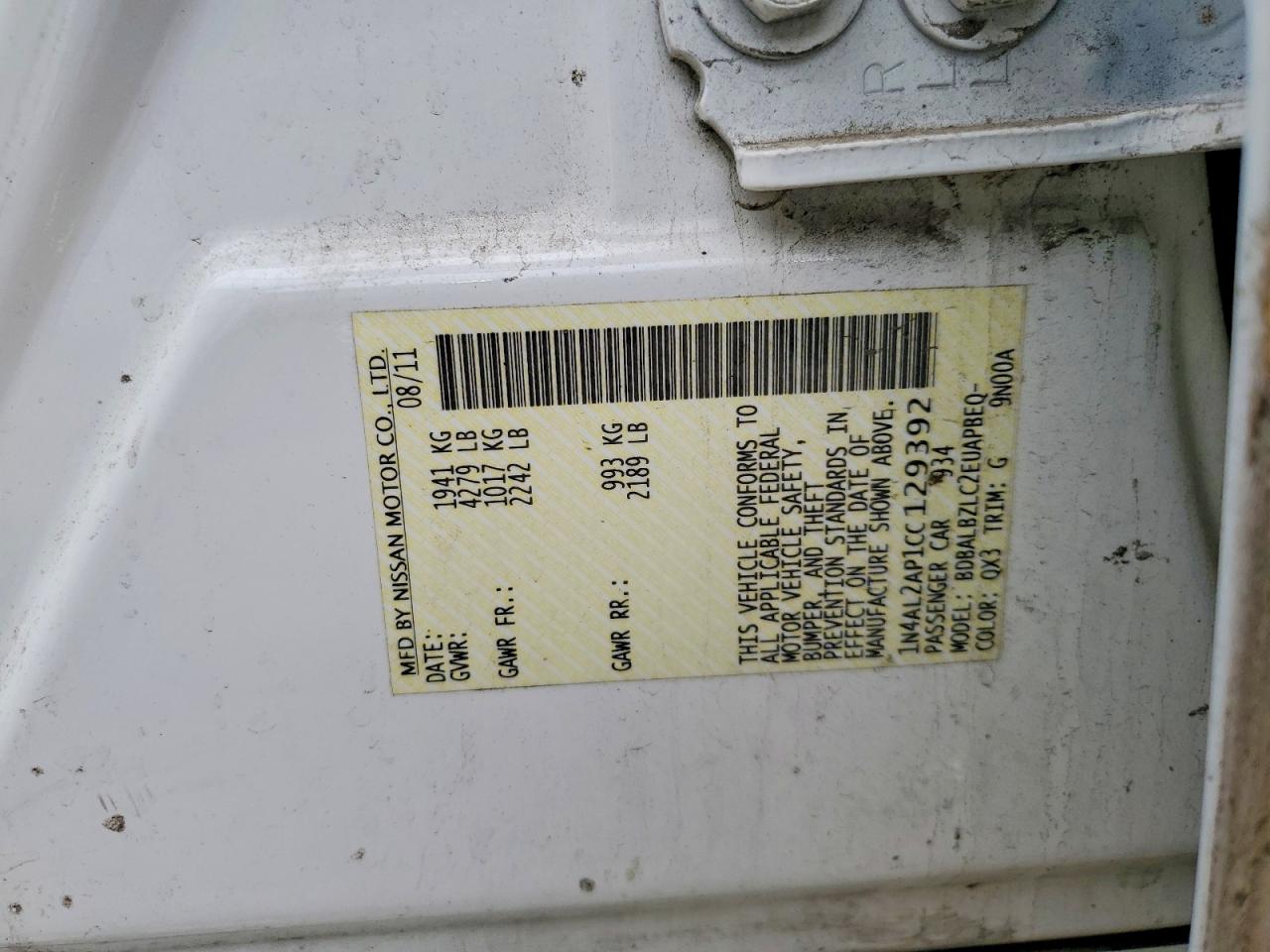2012 Nissan Altima 2.5 White vin: 1N4AL2AP1CC129392