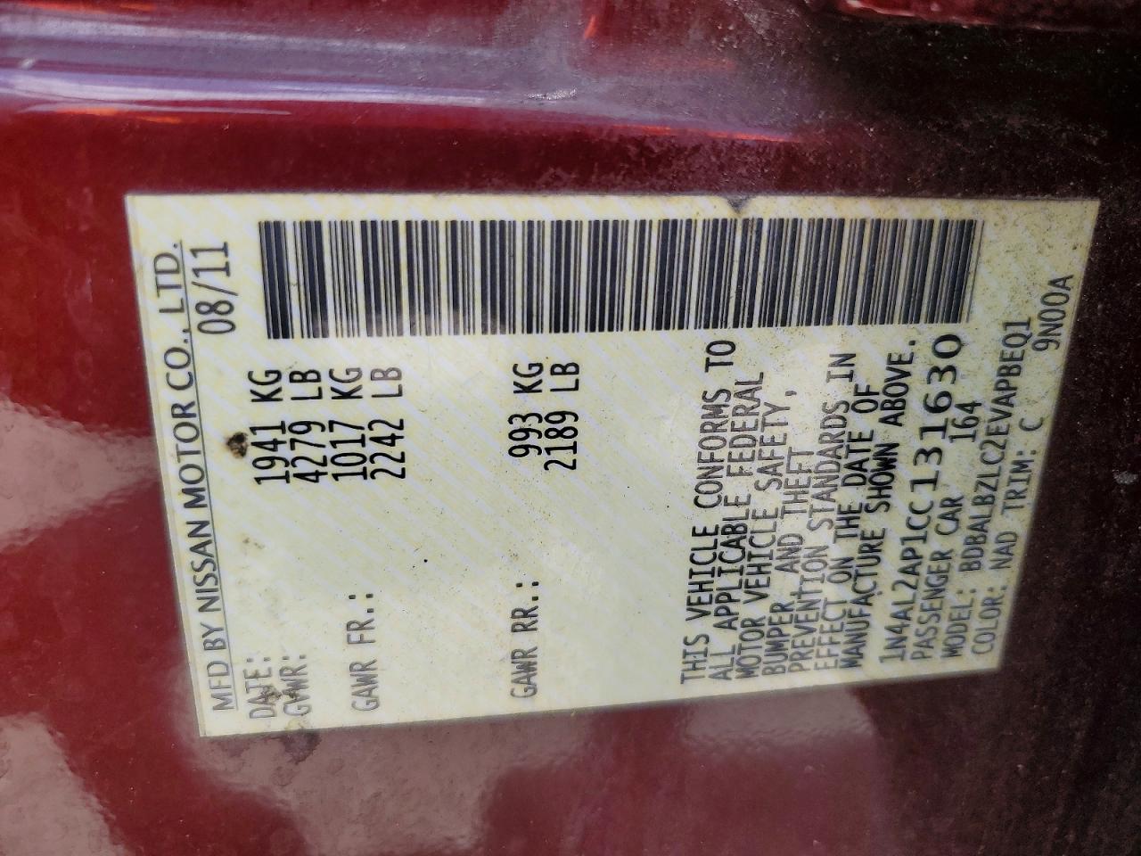 2012 Nissan Altima 2.5 Burgundy vin: 1N4AL2AP1CC131630
