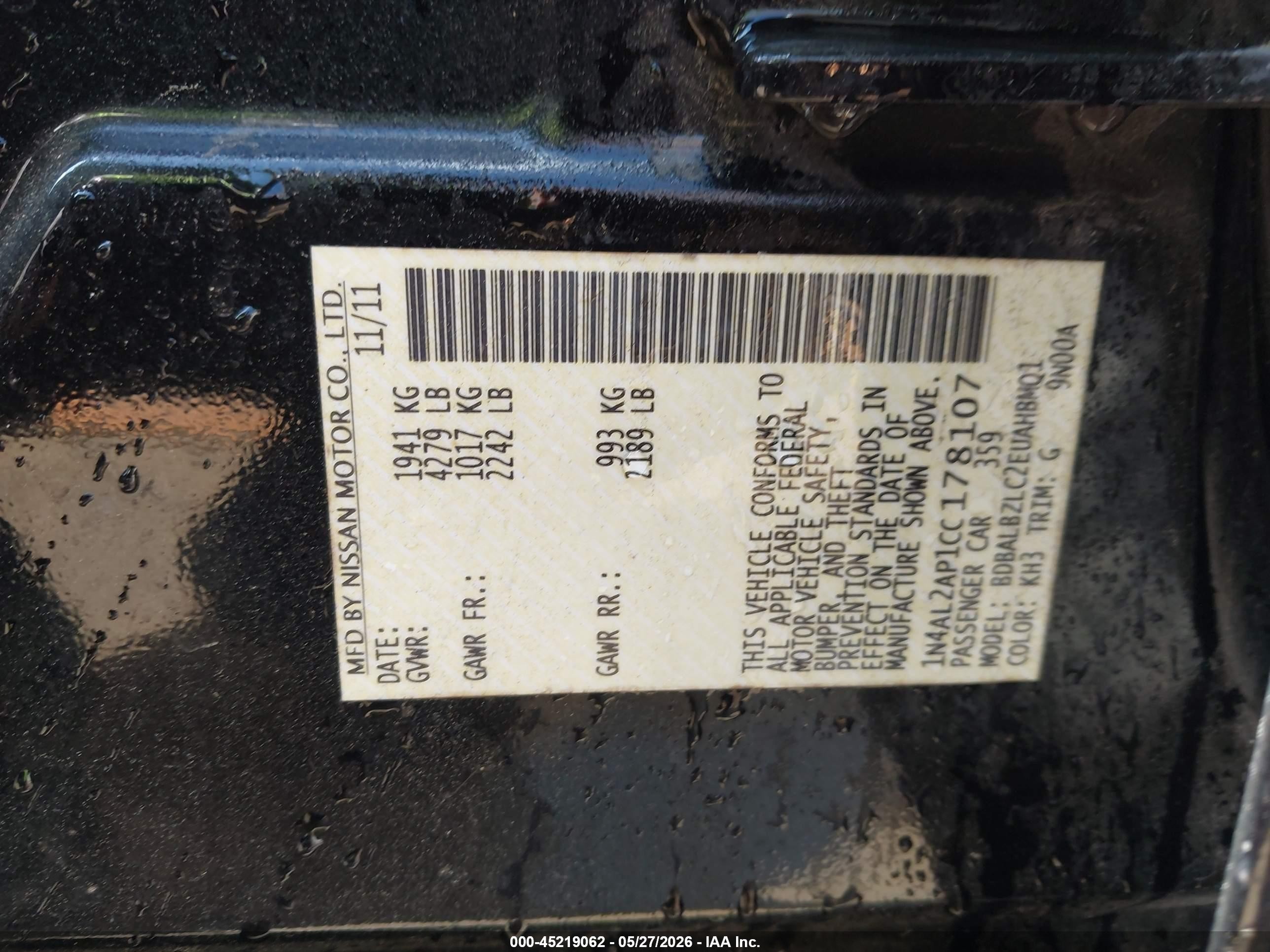 2012 Nissan Altima 2.5 S Black vin: 1N4AL2AP1CC178107