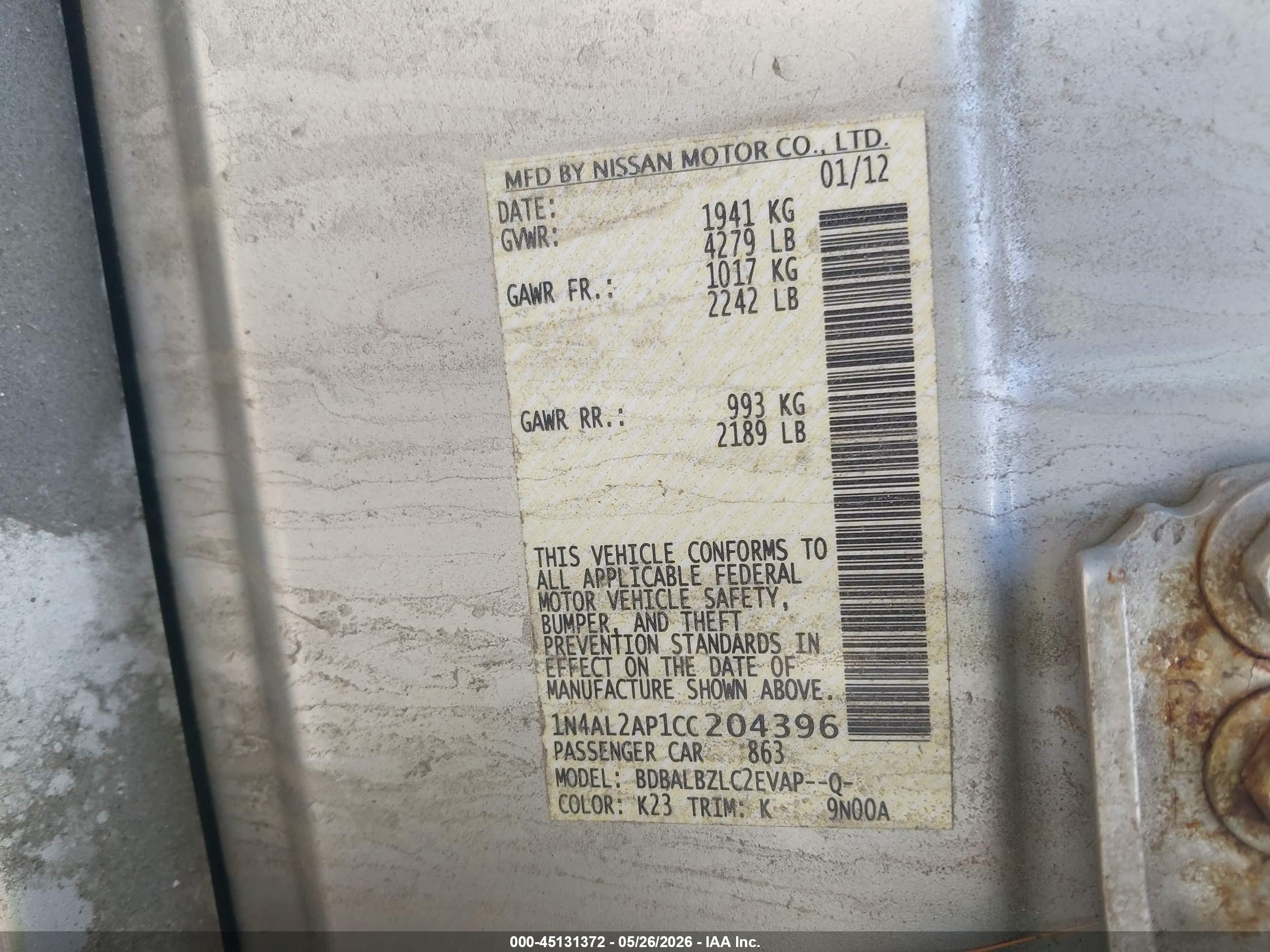 2012 Nissan Altima 2.5 S Silver vin: 1N4AL2AP1CC204396