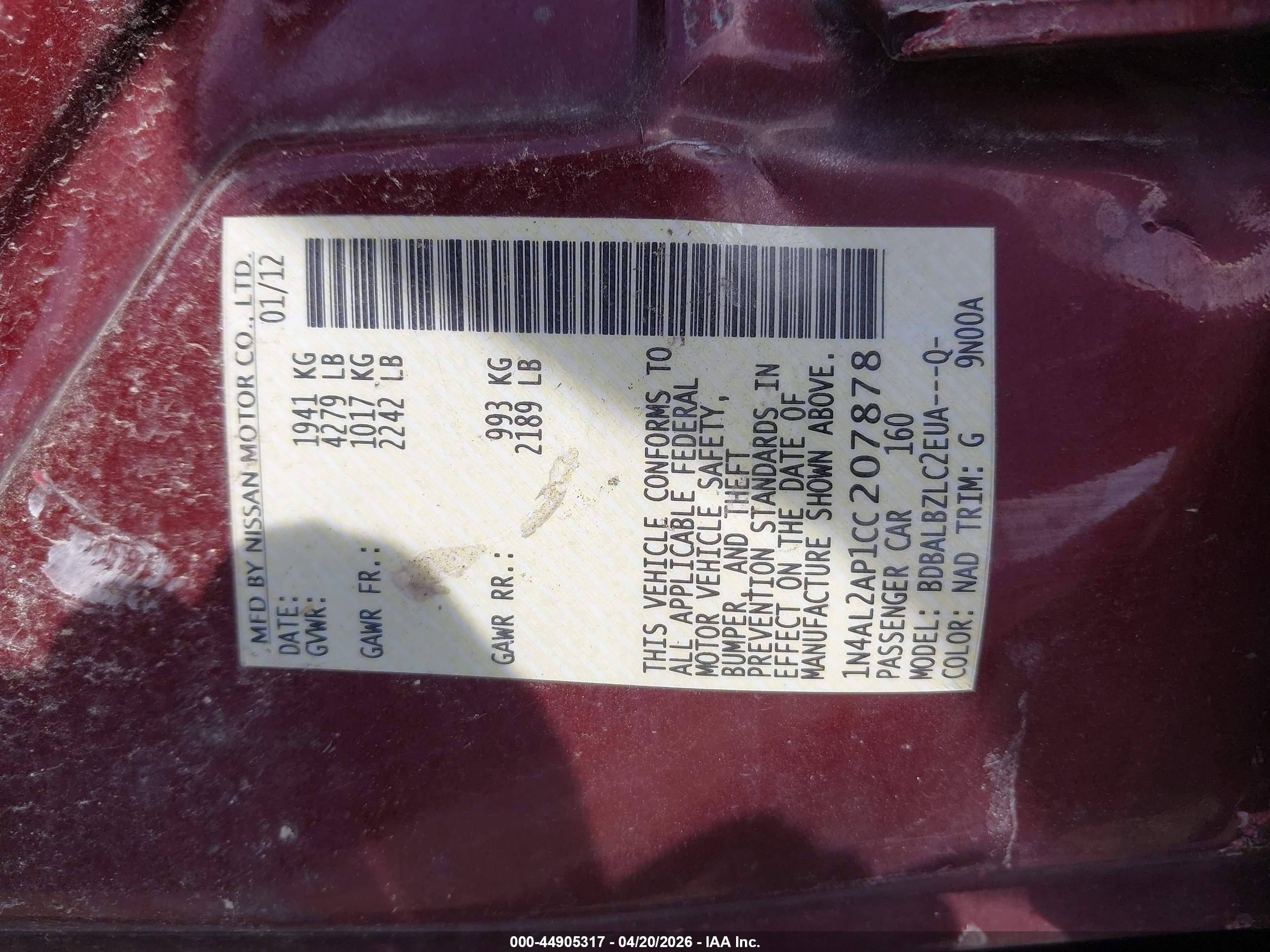 2012 Nissan Altima 2.5 S Maroon vin: 1N4AL2AP1CC207878
