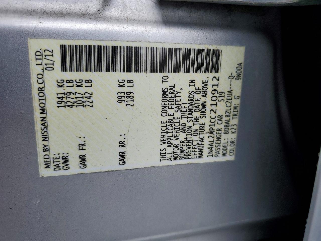 2012 Nissan Altima 2.5 Silver vin: 1N4AL2AP1CC210912