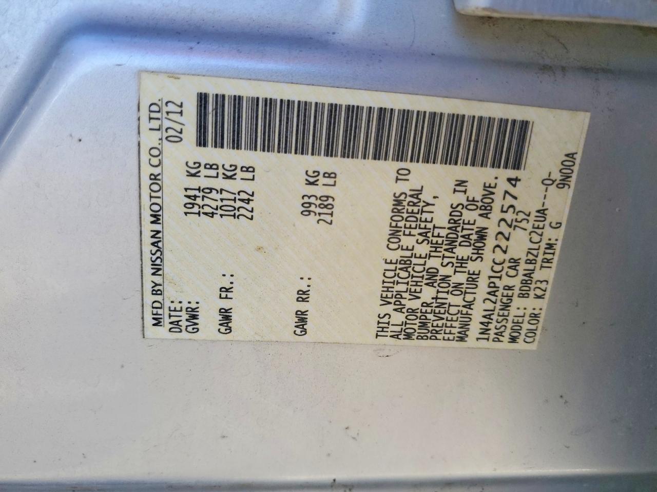 2012 Nissan Altima 2.5 Silver vin: 1N4AL2AP1CC222574