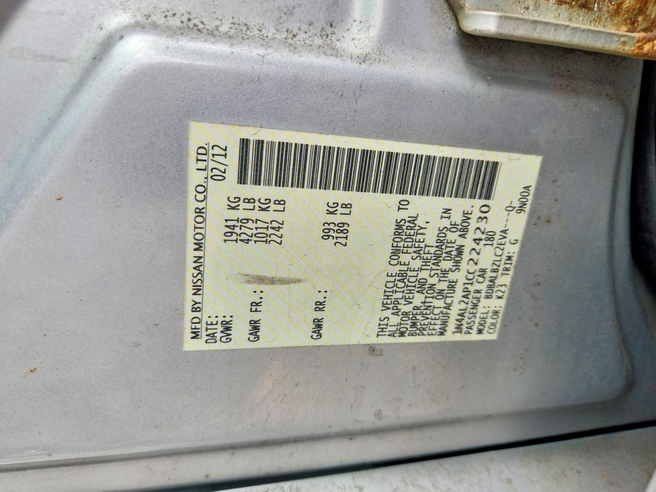 2012 Nissan Altima 2.5 Silver vin: 1N4AL2AP1CC224230