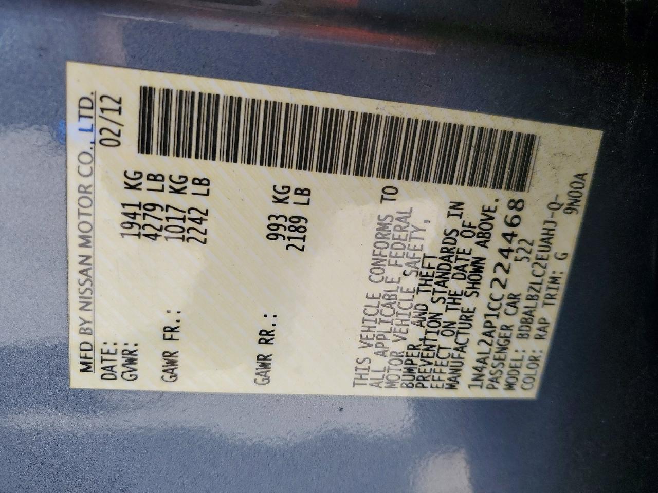 2012 Nissan Altima 2.5 Blue vin: 1N4AL2AP1CC224468