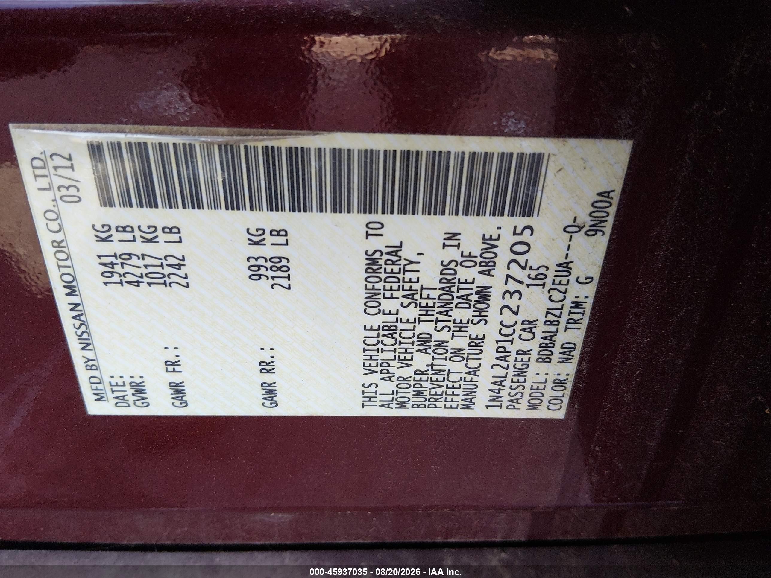 2012 Nissan Altima 2.5 S Red vin: 1N4AL2AP1CC237205