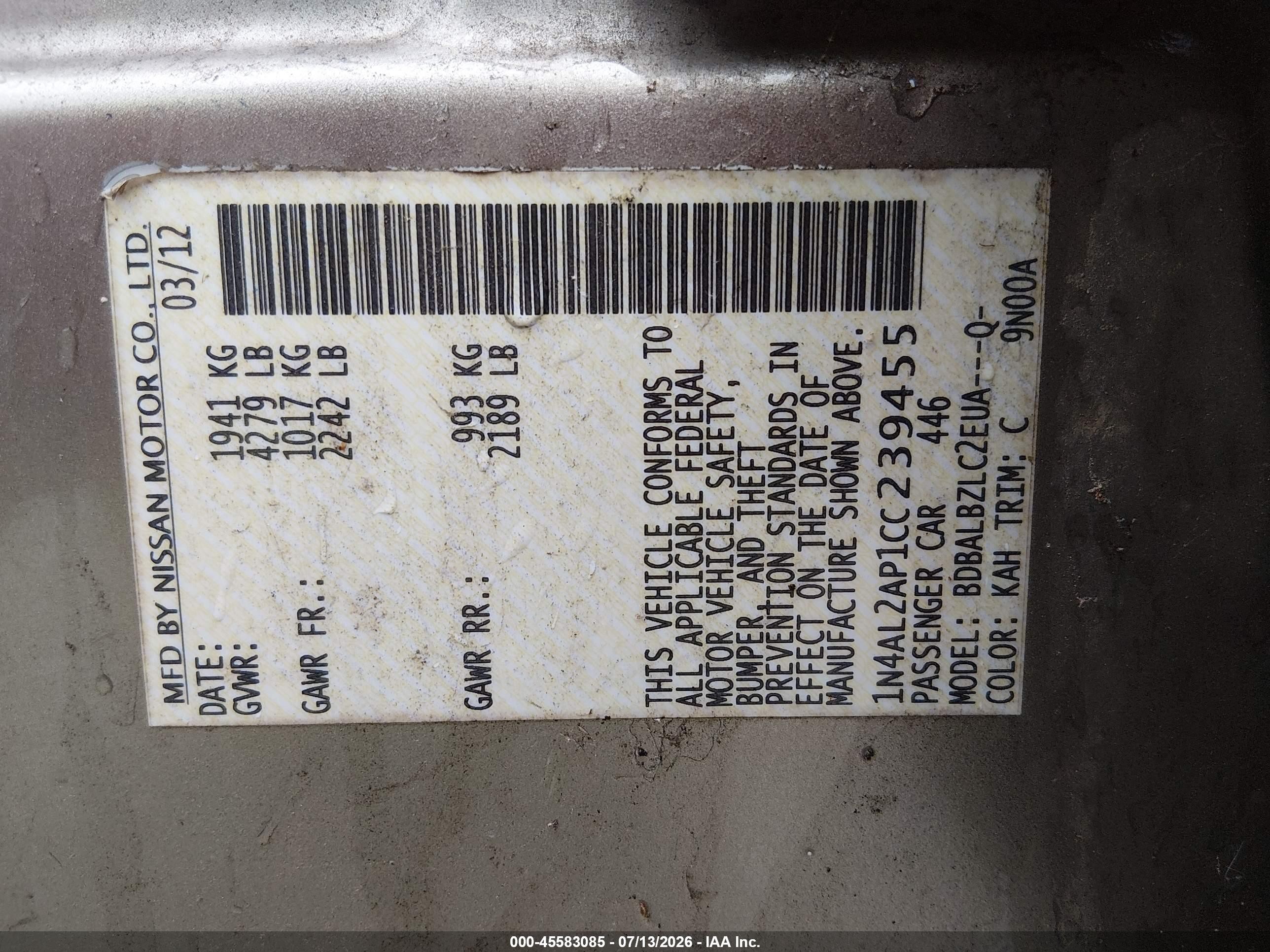 2012 Nissan Altima 2.5 S Tan vin: 1N4AL2AP1CC239455