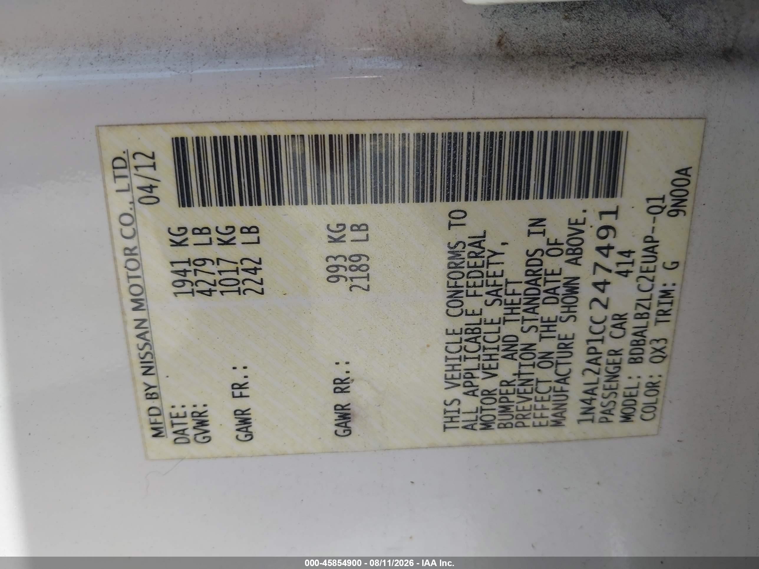 2012 Nissan Altima 2.5 S White vin: 1N4AL2AP1CC247491