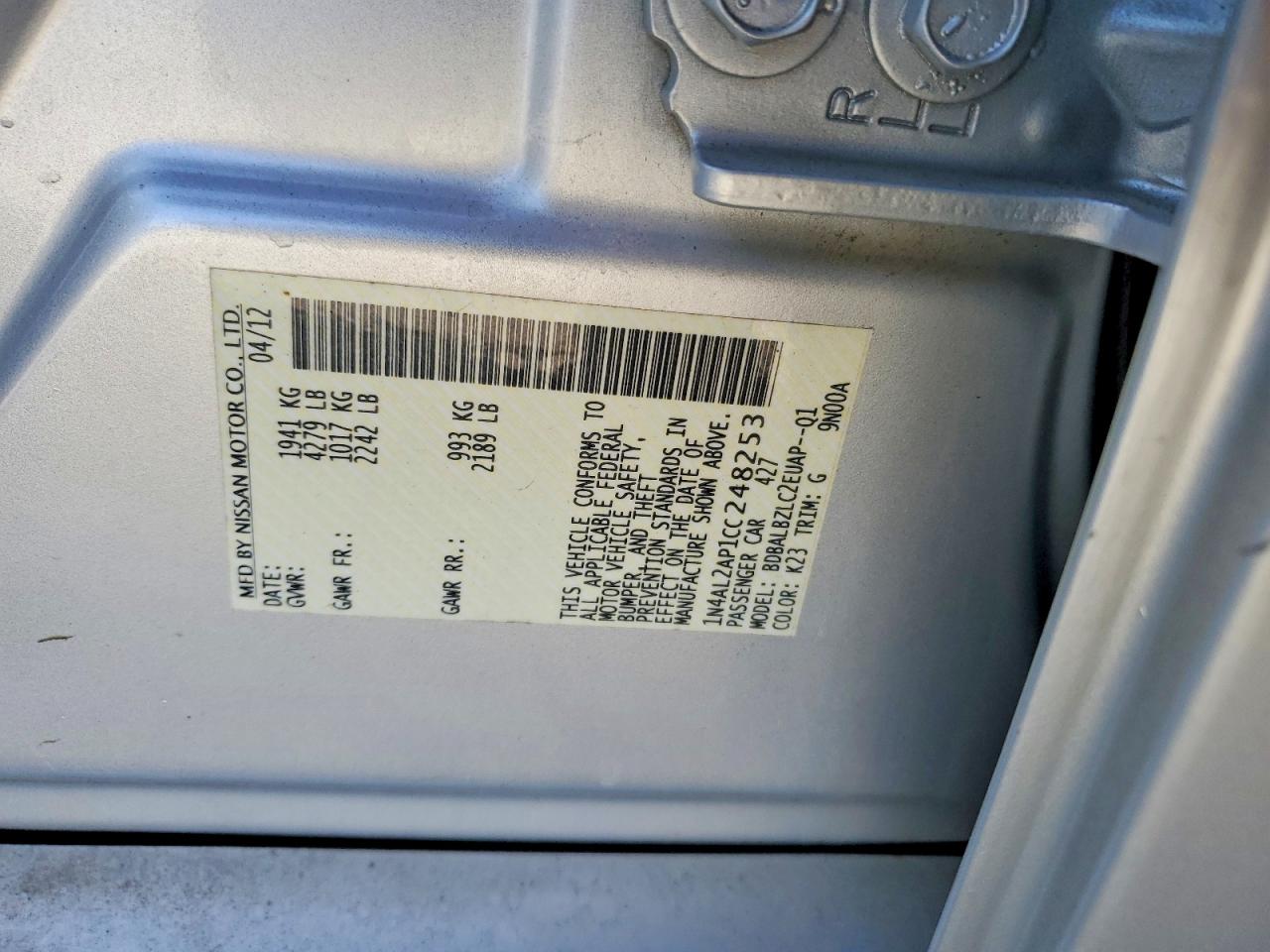2012 Nissan Altima 2.5 Silver vin: 1N4AL2AP1CC248253