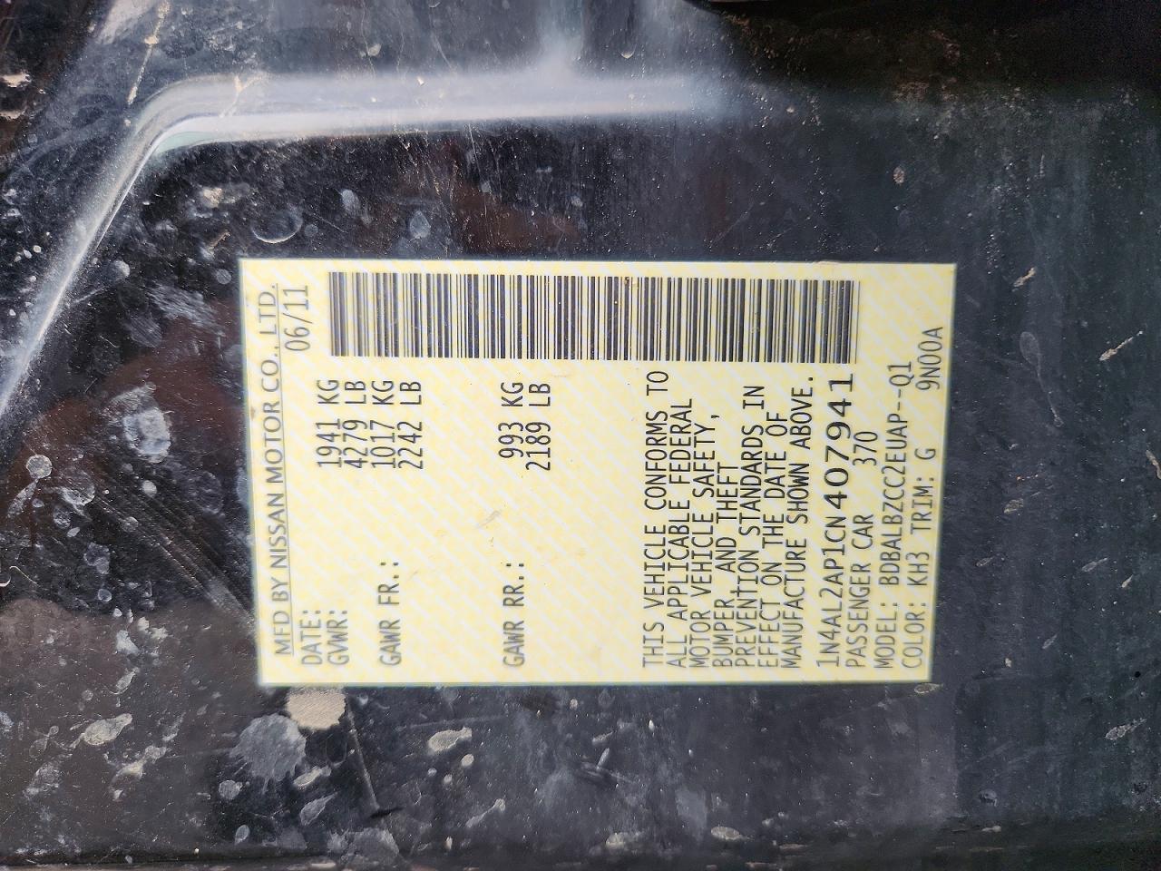 2012 Nissan Altima Base/s Black vin: 1N4AL2AP1CN407941
