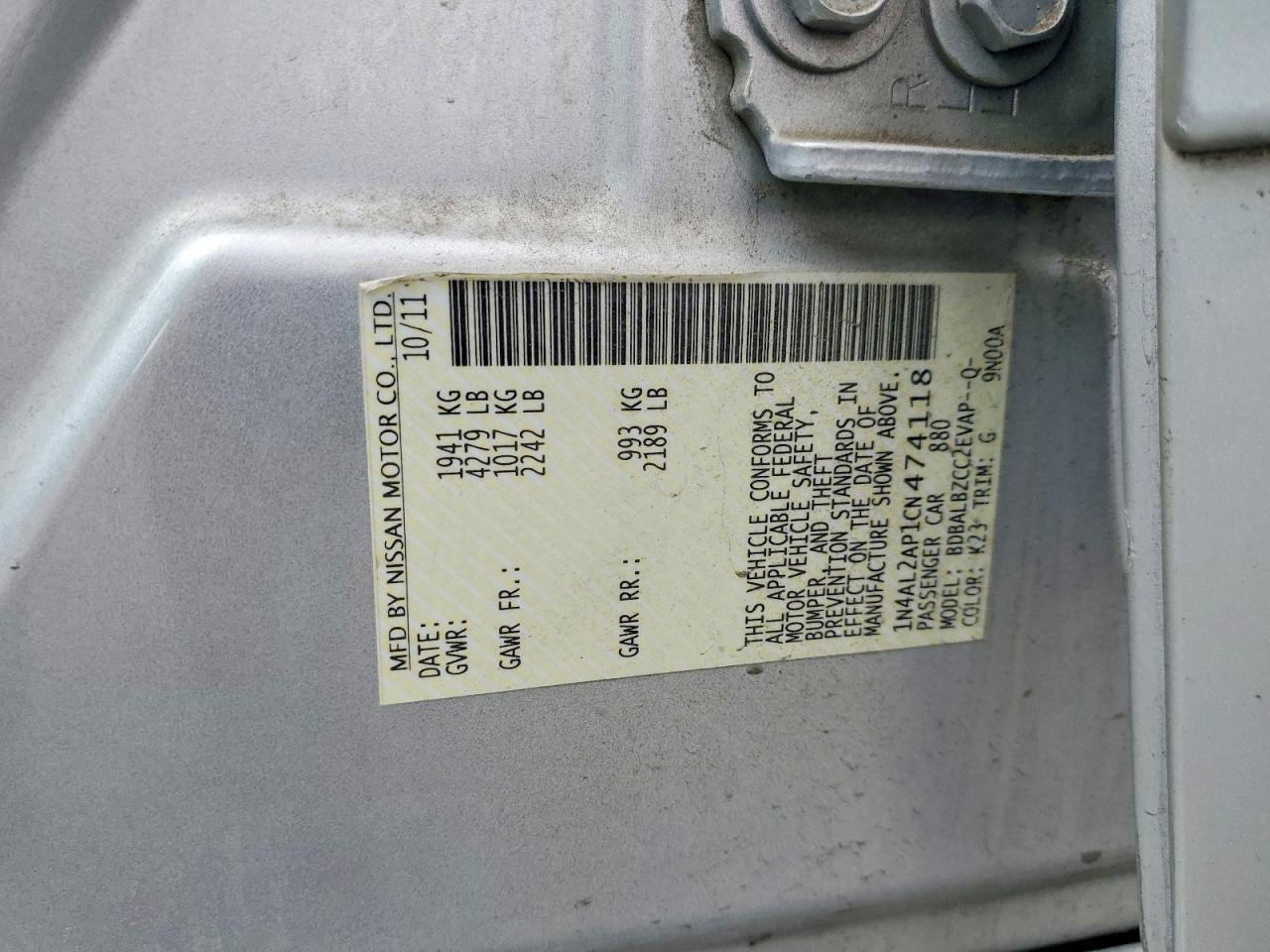 2012 Nissan Altima 2.5 Silver vin: 1N4AL2AP1CN474118
