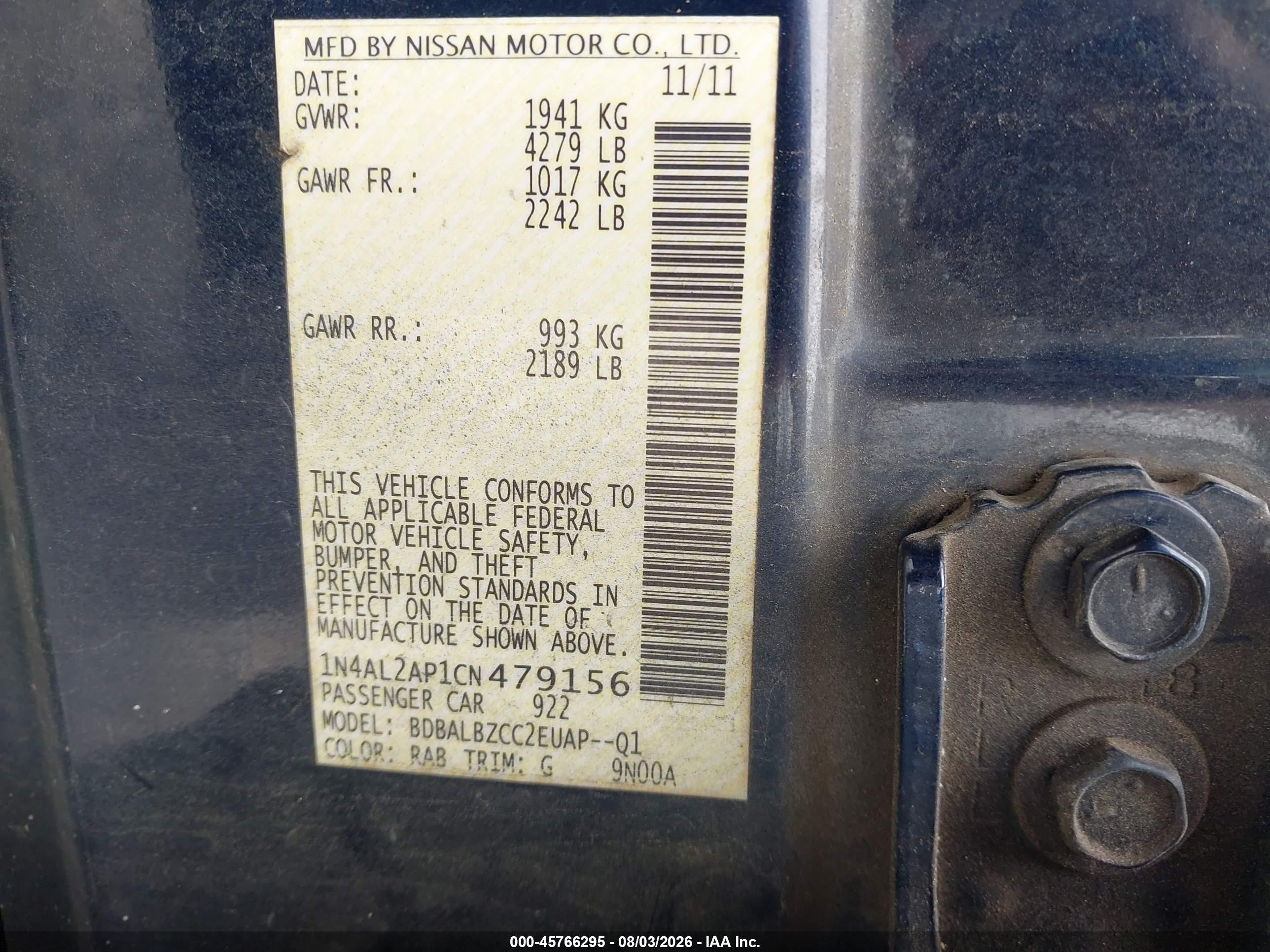 2012 Nissan Altima 2.5 S Blue vin: 1N4AL2AP1CN479156