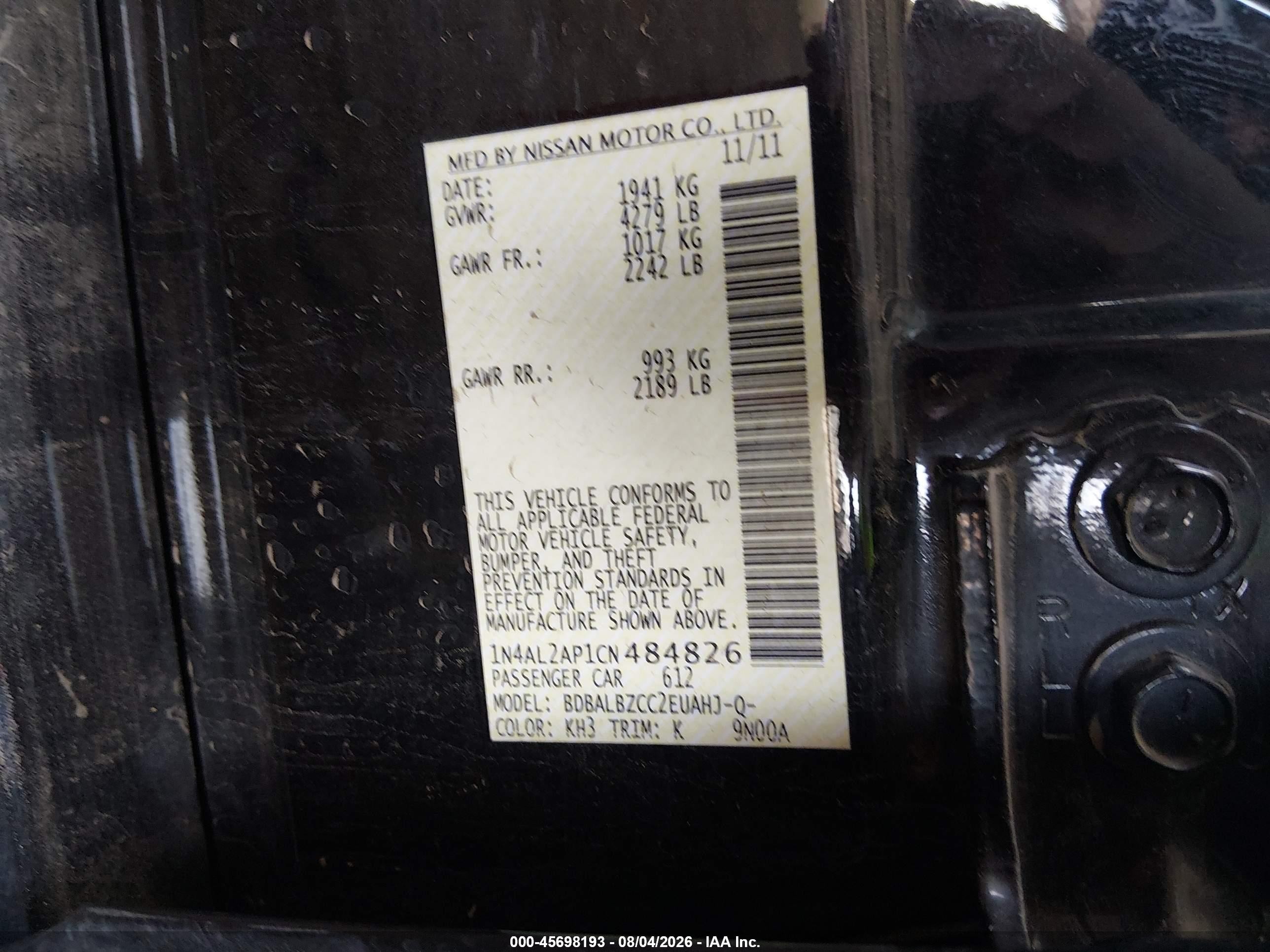 2012 Nissan Altima 2.5 S Black vin: 1N4AL2AP1CN484826