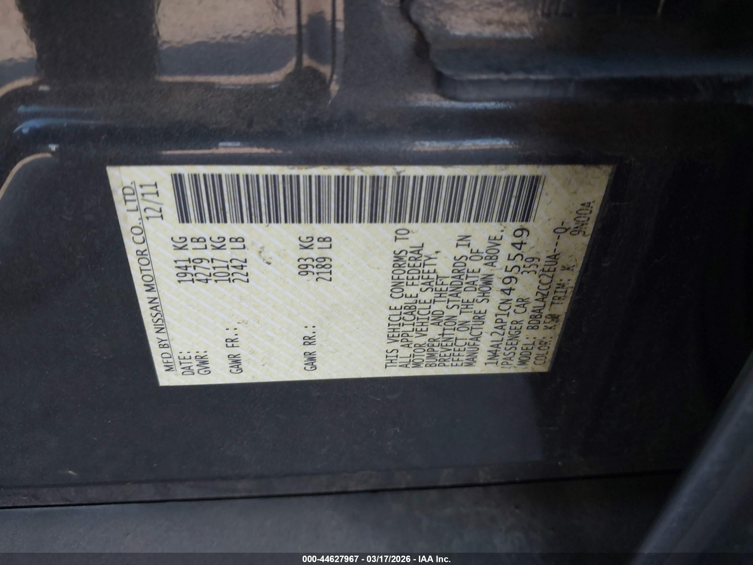 2012 Nissan Altima 2.5 Gray vin: 1N4AL2AP1CN495549