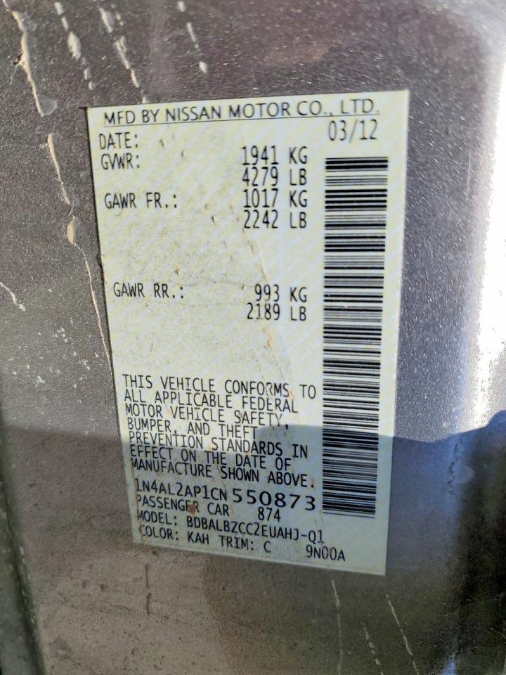 2012 Nissan Altima Base/s Gray vin: 1N4AL2AP1CN550873
